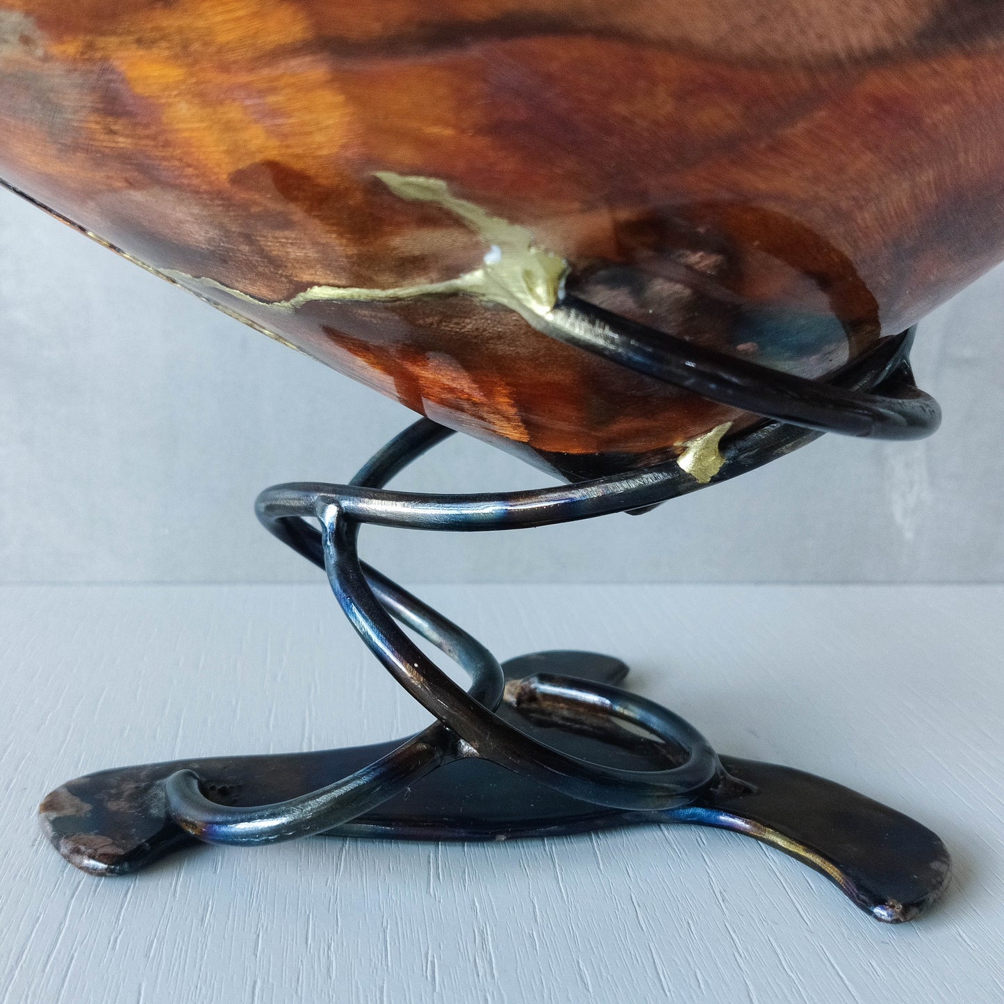 Artisan made copper metalwork conical footed bowl with twisted steel base signed