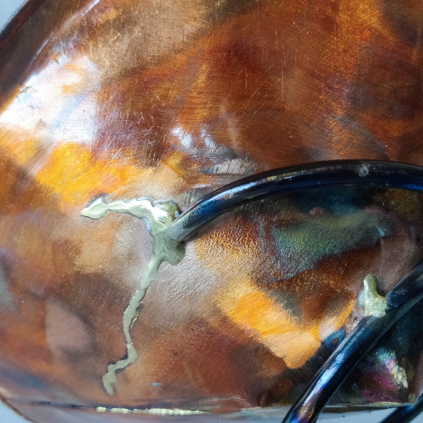 Artisan made copper metalwork conical footed bowl with twisted steel base signed