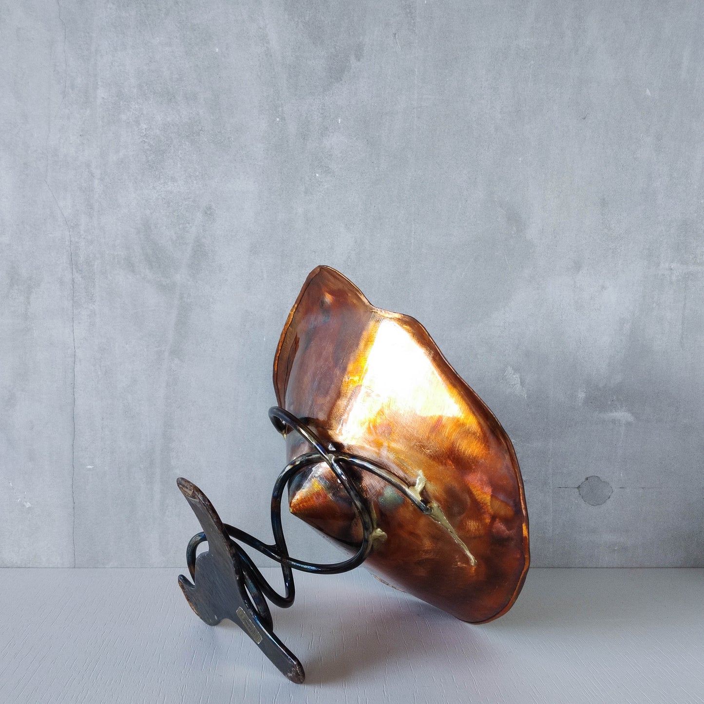 Artisan made copper metalwork conical footed bowl with twisted steel base signed