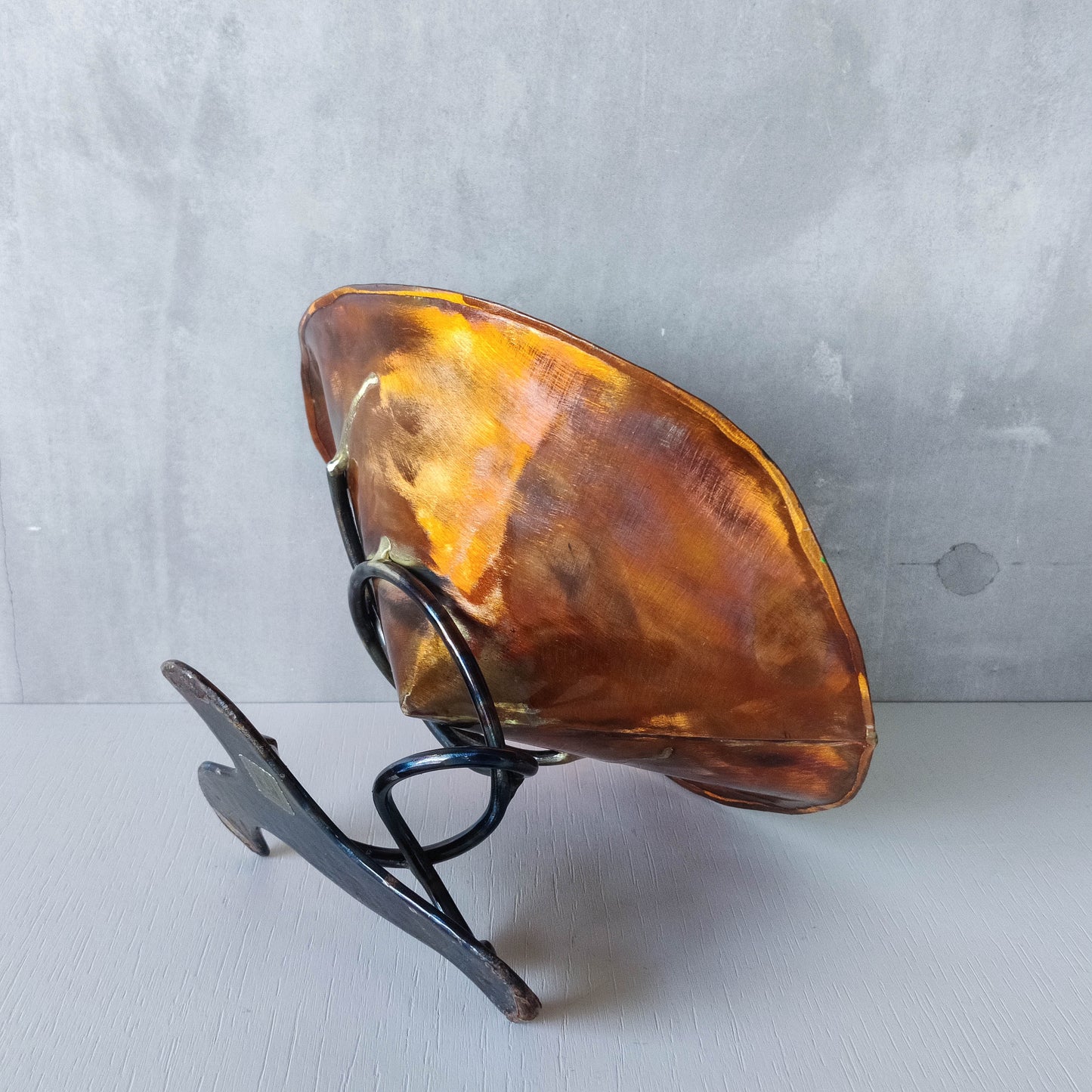 Artisan made copper metalwork conical footed bowl with twisted steel base signed