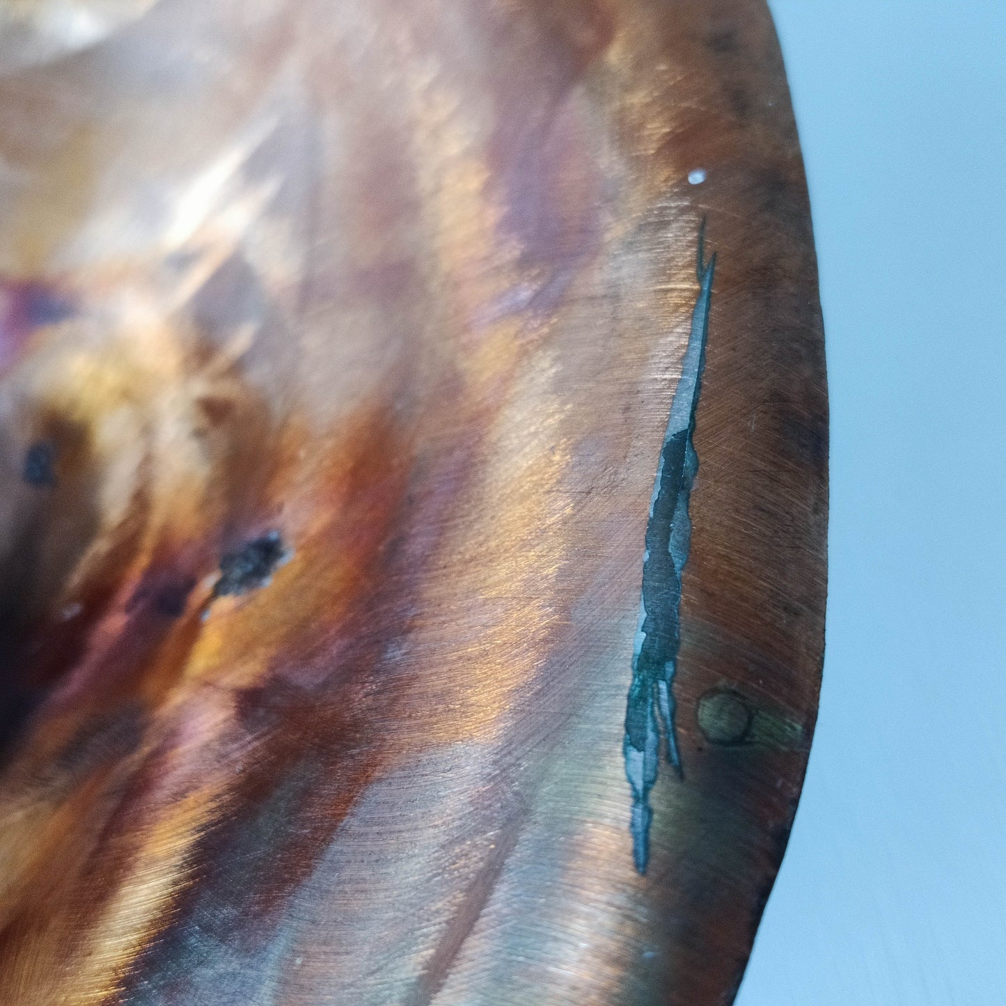 Artisan made copper metalwork conical footed bowl with twisted steel base signed