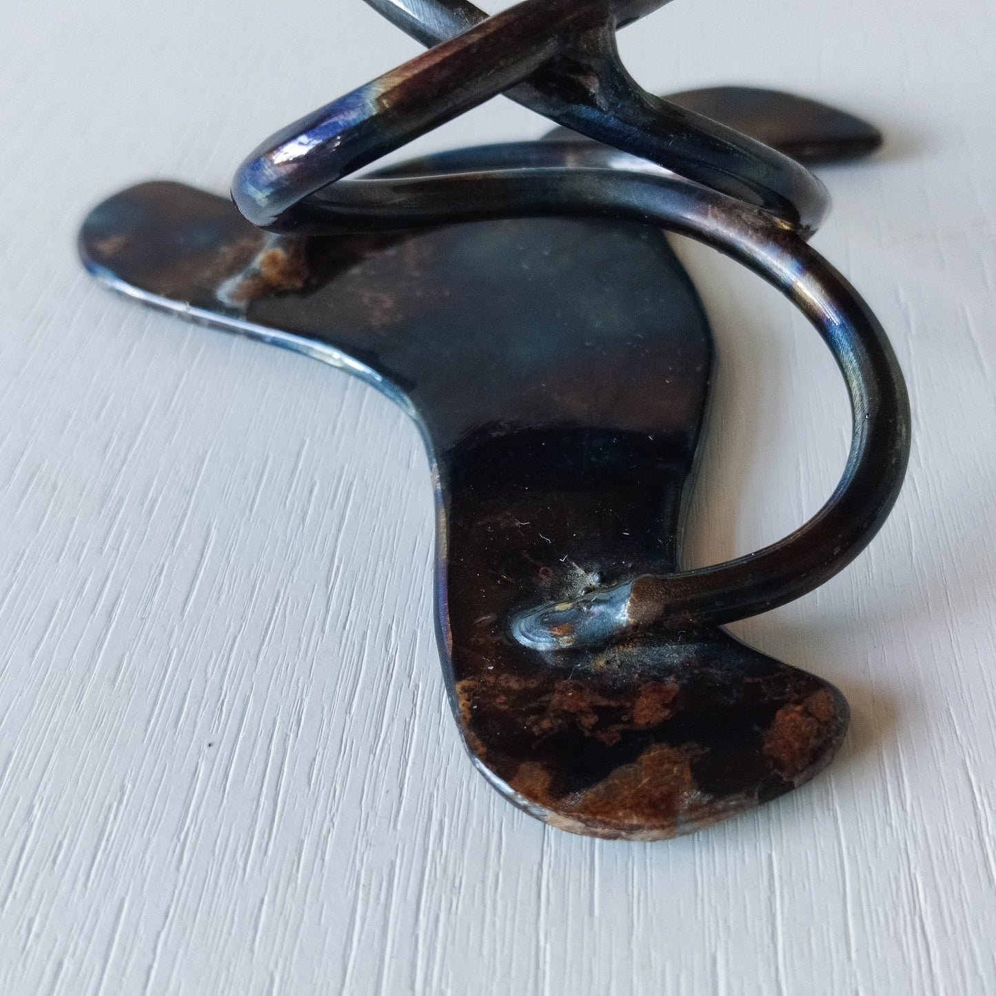 Artisan made copper metalwork conical footed bowl with twisted steel base signed