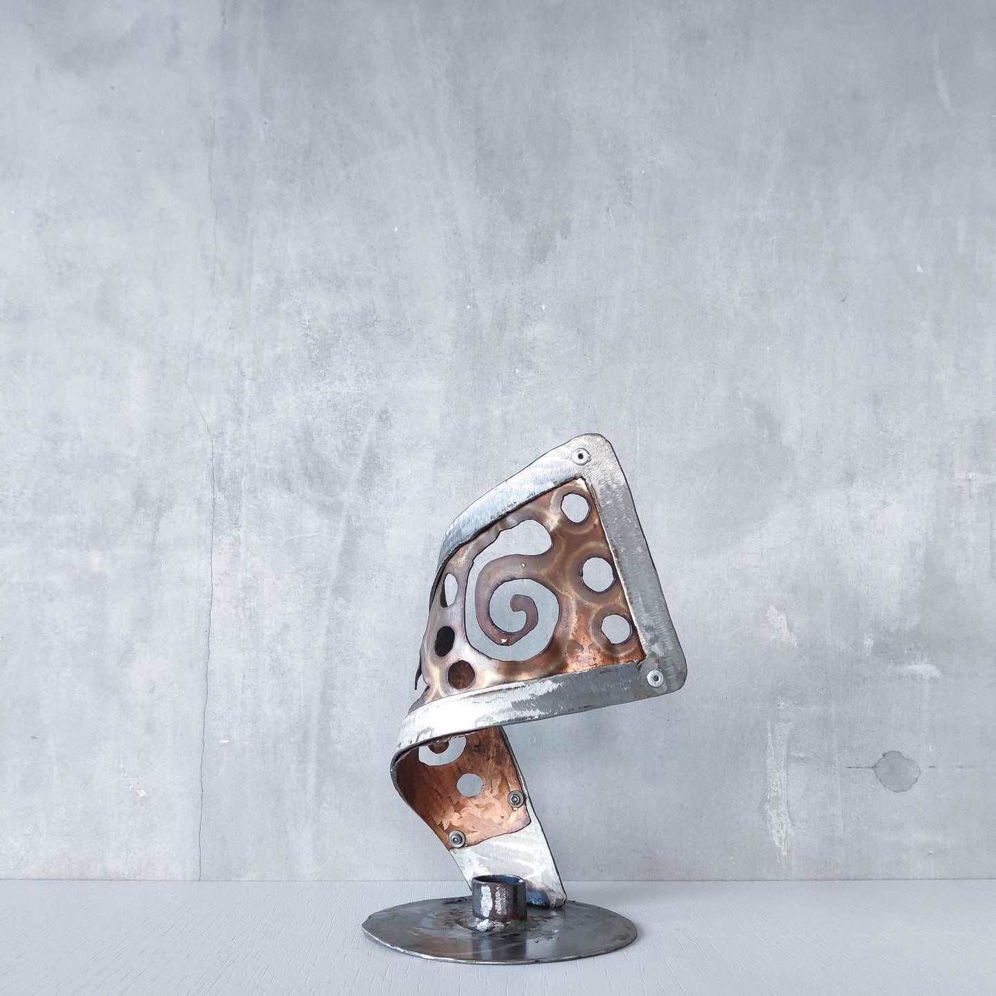 Handmade vintage brutalist steel copper sculptural candle holder
