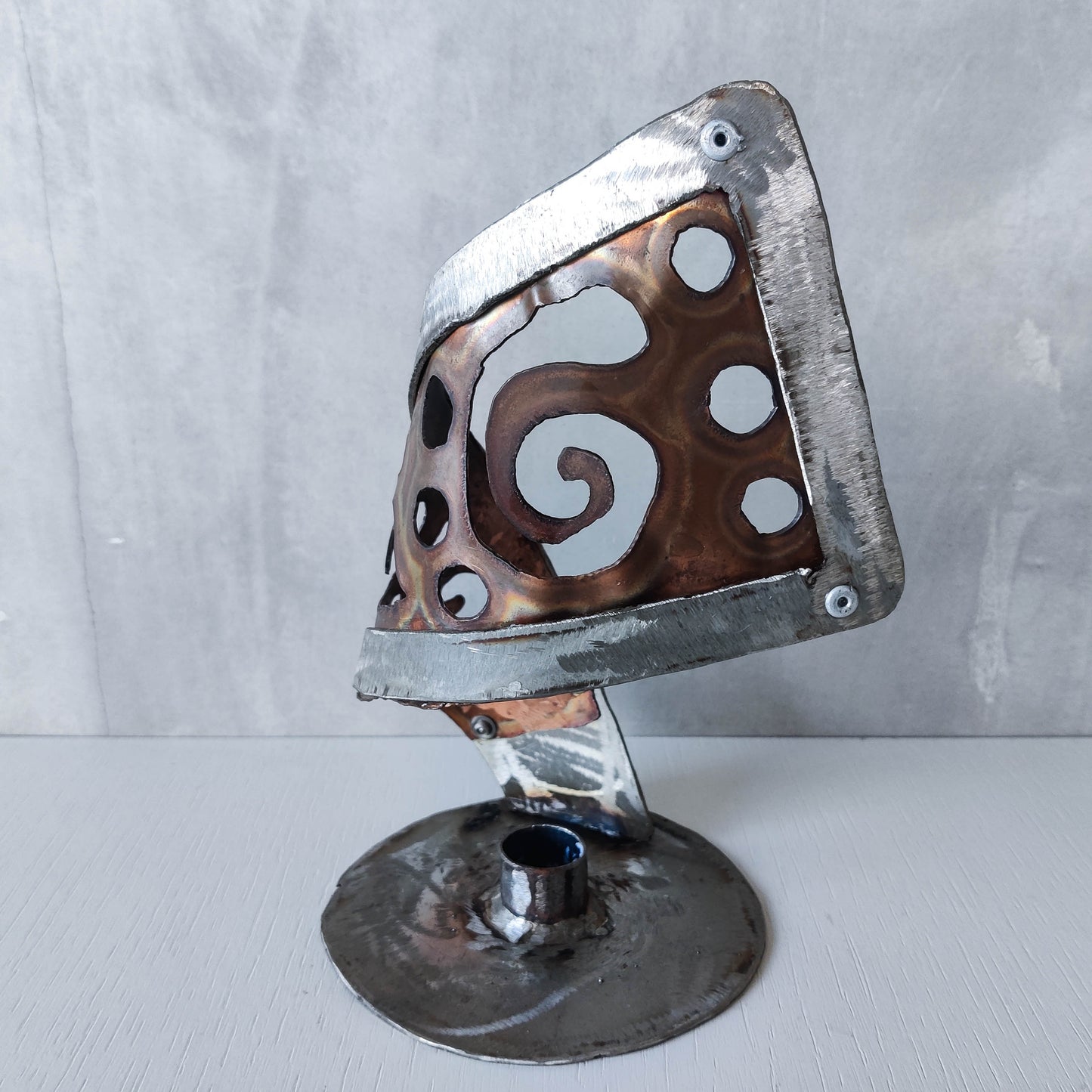 Handmade vintage brutalist steel copper sculptural candle holder