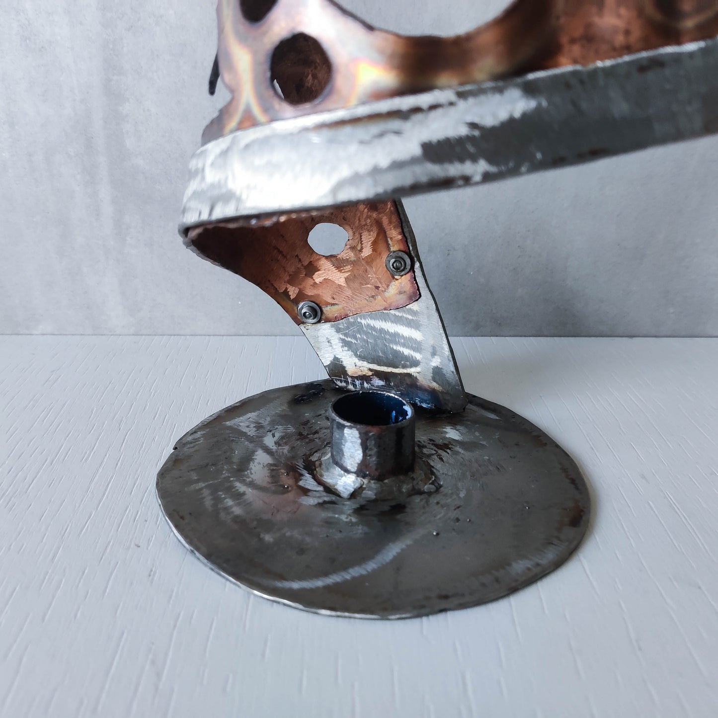Handmade vintage brutalist steel copper sculptural candle holder