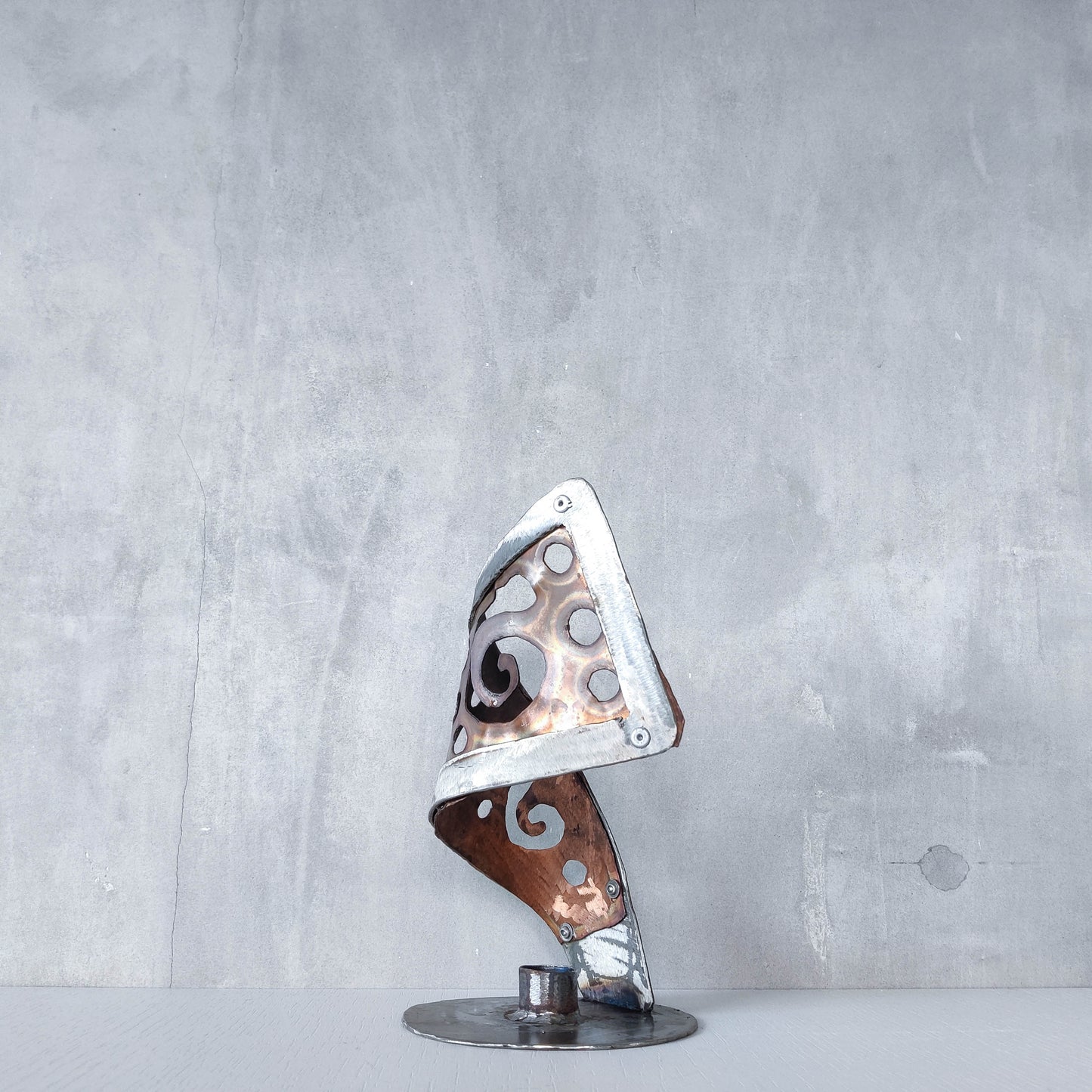 Handmade vintage brutalist steel copper sculptural candle holder