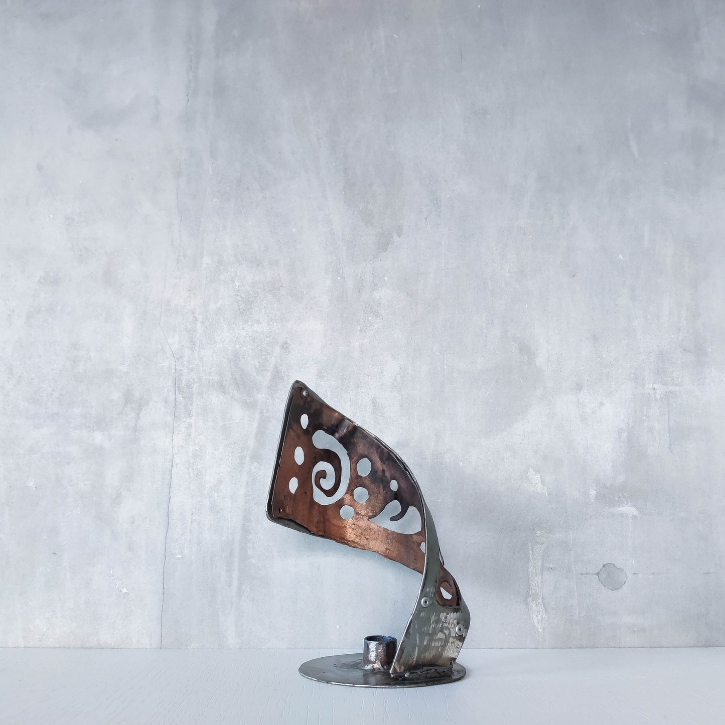 Handmade vintage brutalist steel copper sculptural candle holder