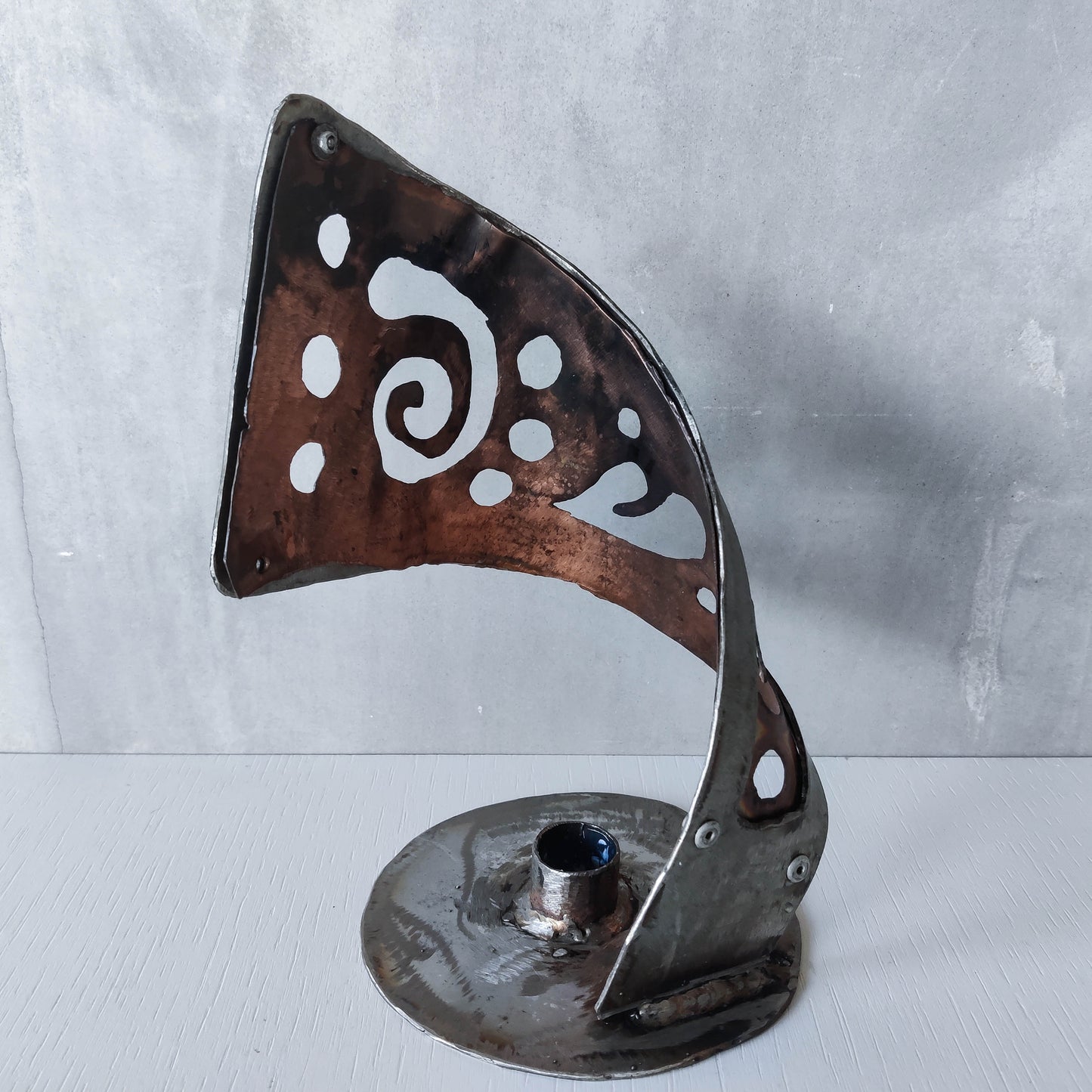 Handmade vintage brutalist steel copper sculptural candle holder