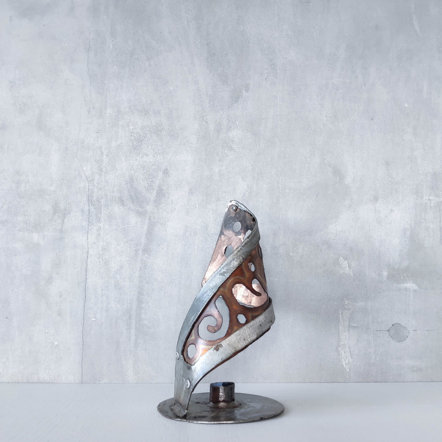 Handmade vintage brutalist steel copper sculptural candle holder