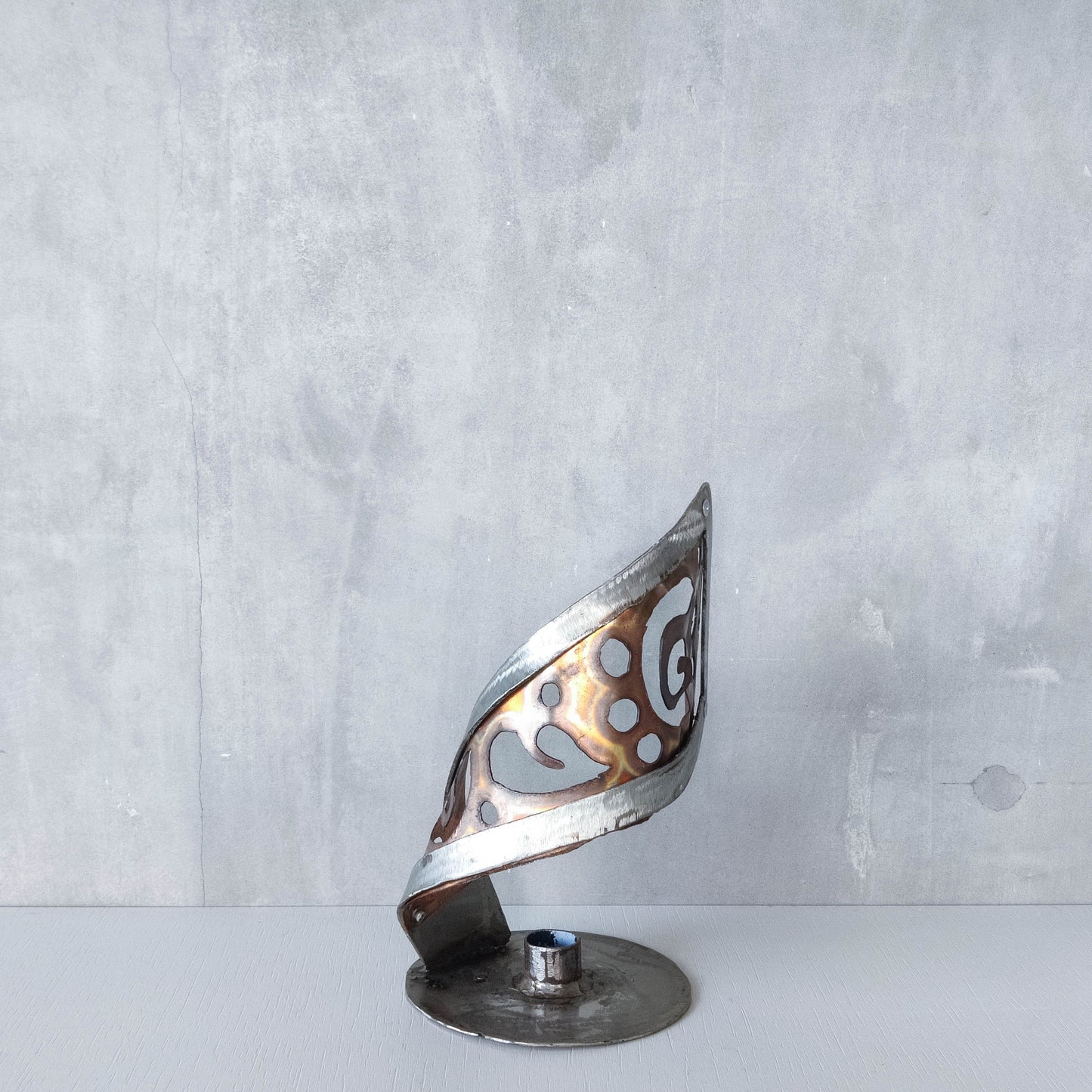 Handmade vintage brutalist steel copper sculptural candle holder