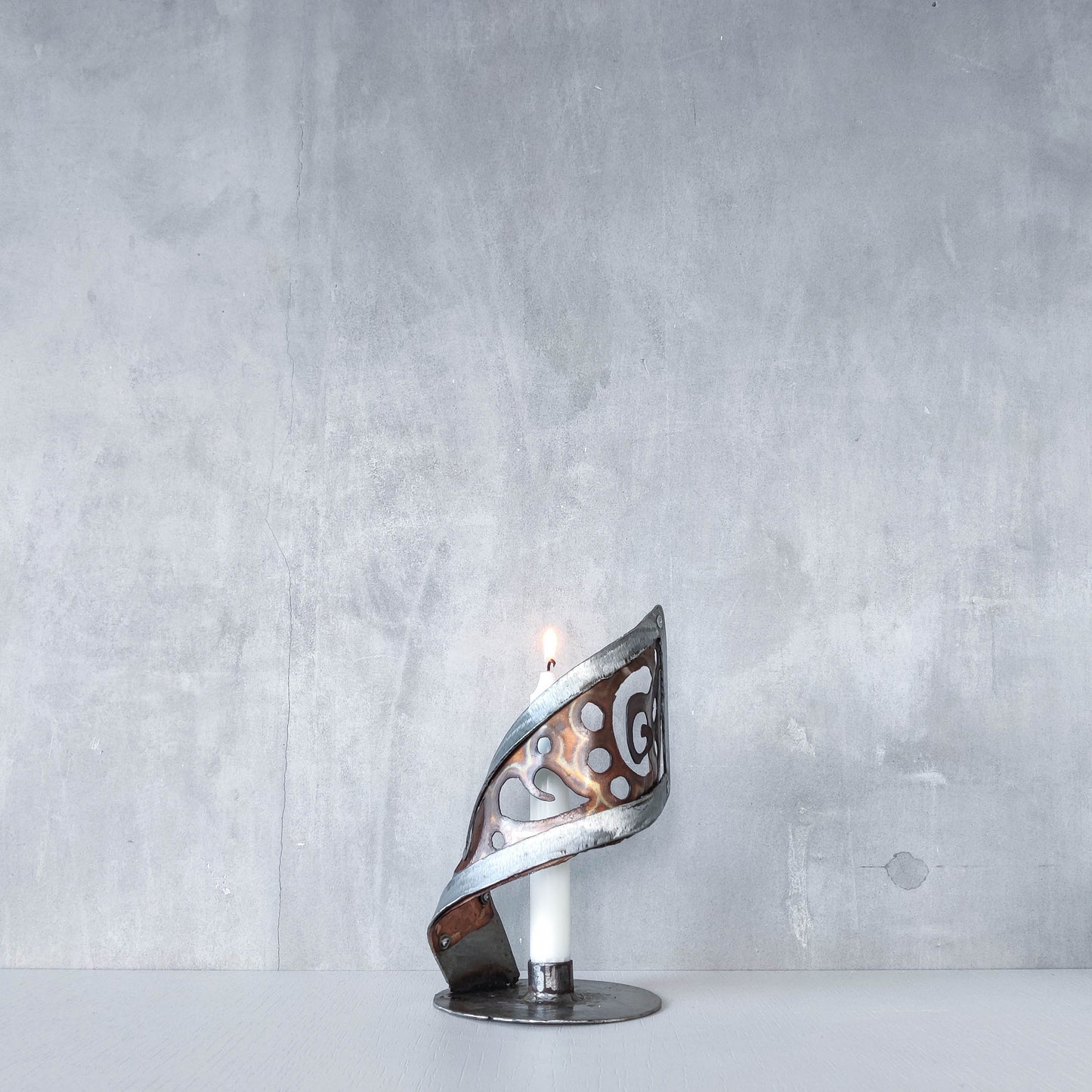 Handmade vintage brutalist steel copper sculptural candle holder
