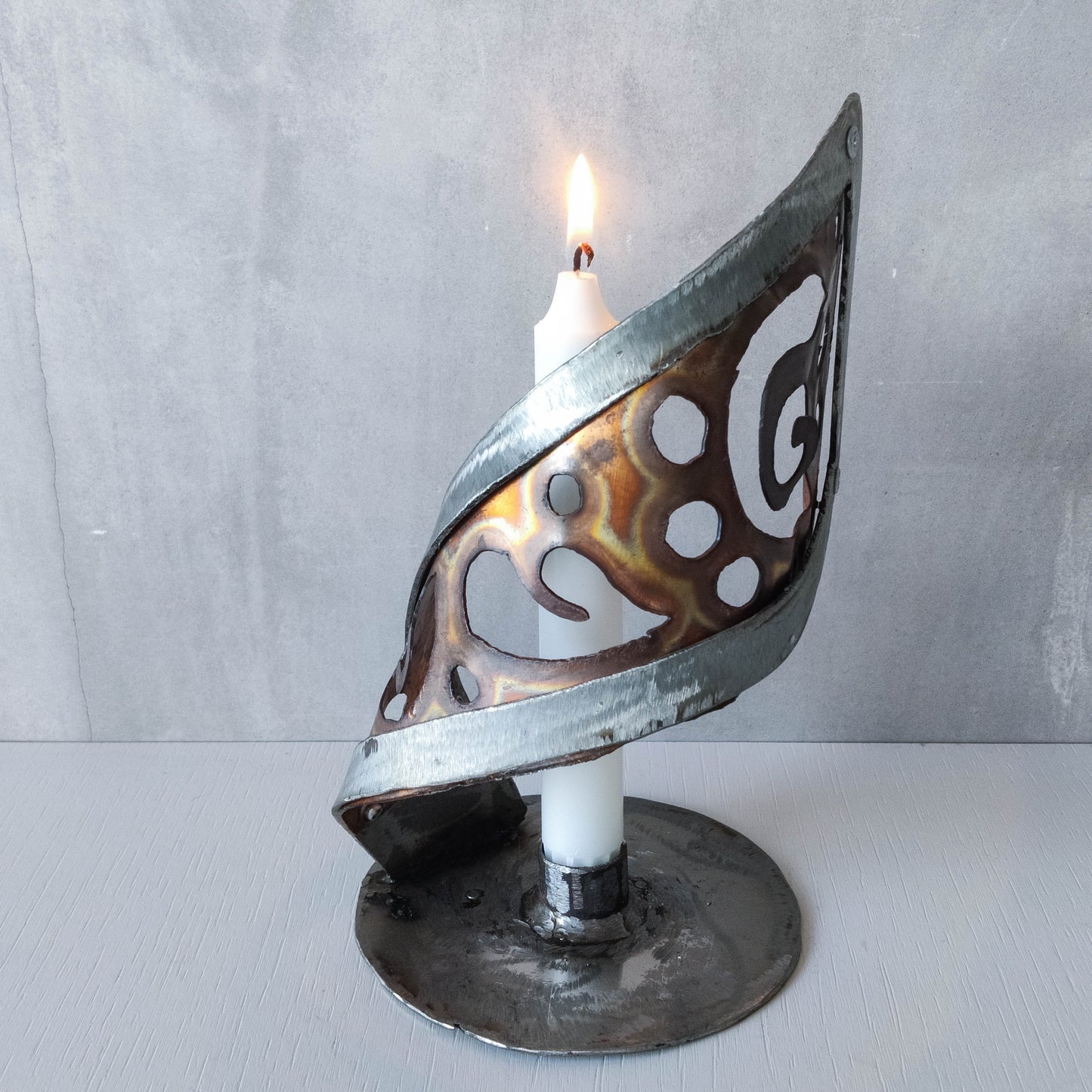 Handmade vintage brutalist steel copper sculptural candle holder