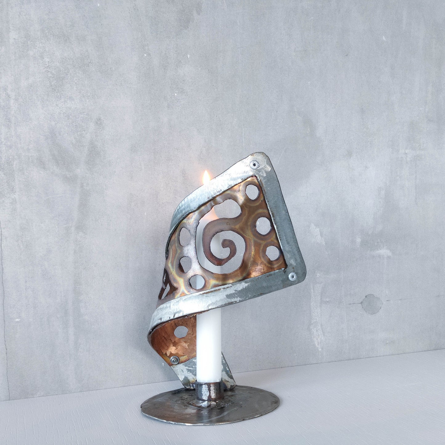 Handmade vintage brutalist steel copper sculptural candle holder