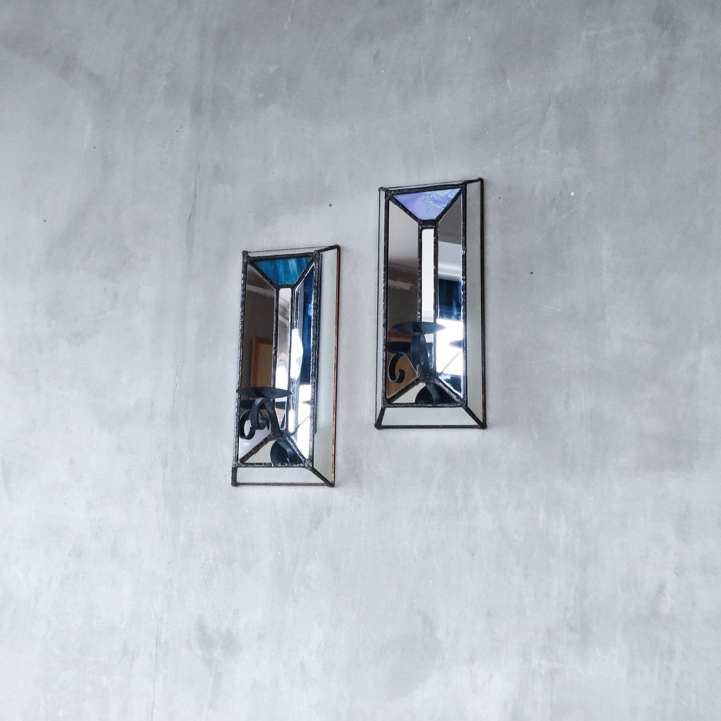 Pair of vintage handmade leaded mirror glass faceted candle holder wall sconces