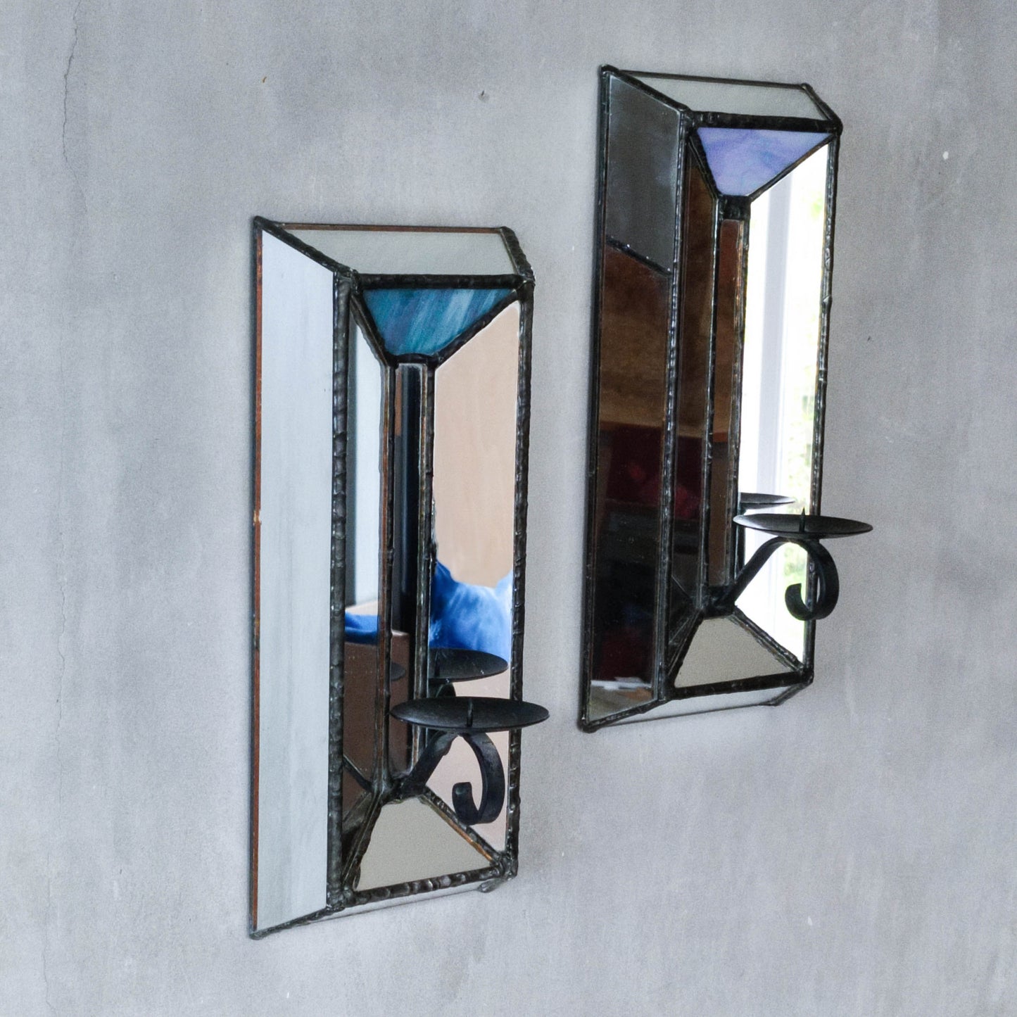 Pair of vintage handmade leaded mirror glass faceted candle holder wall sconces