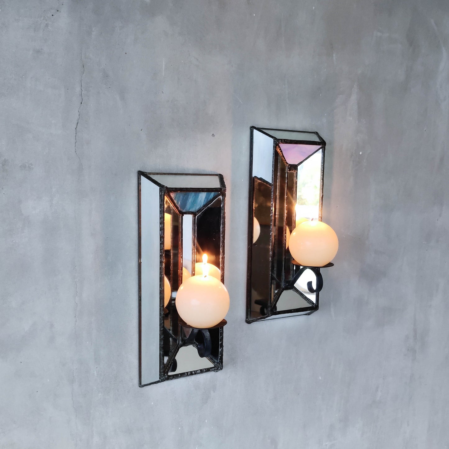 Pair of vintage handmade leaded mirror glass faceted candle holder wall sconces
