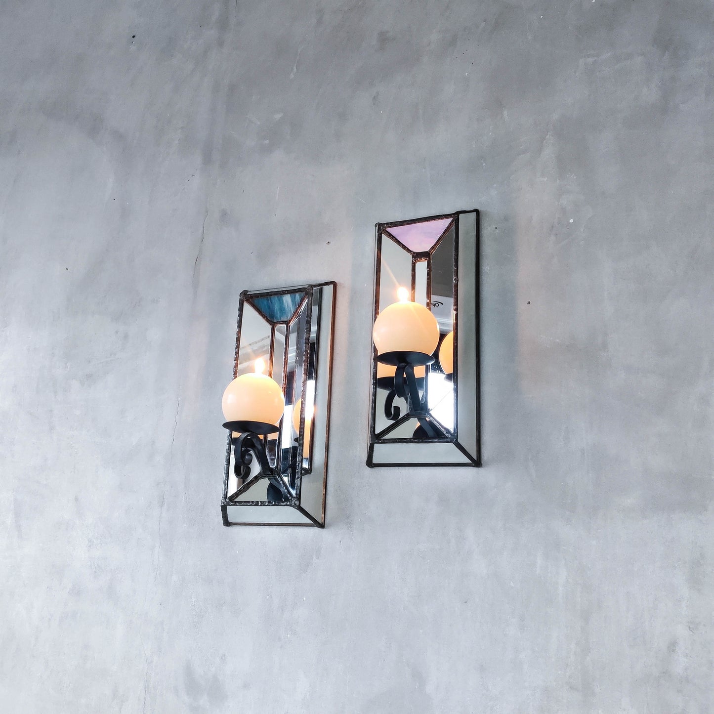 Pair of vintage handmade leaded mirror glass faceted candle holder wall sconces