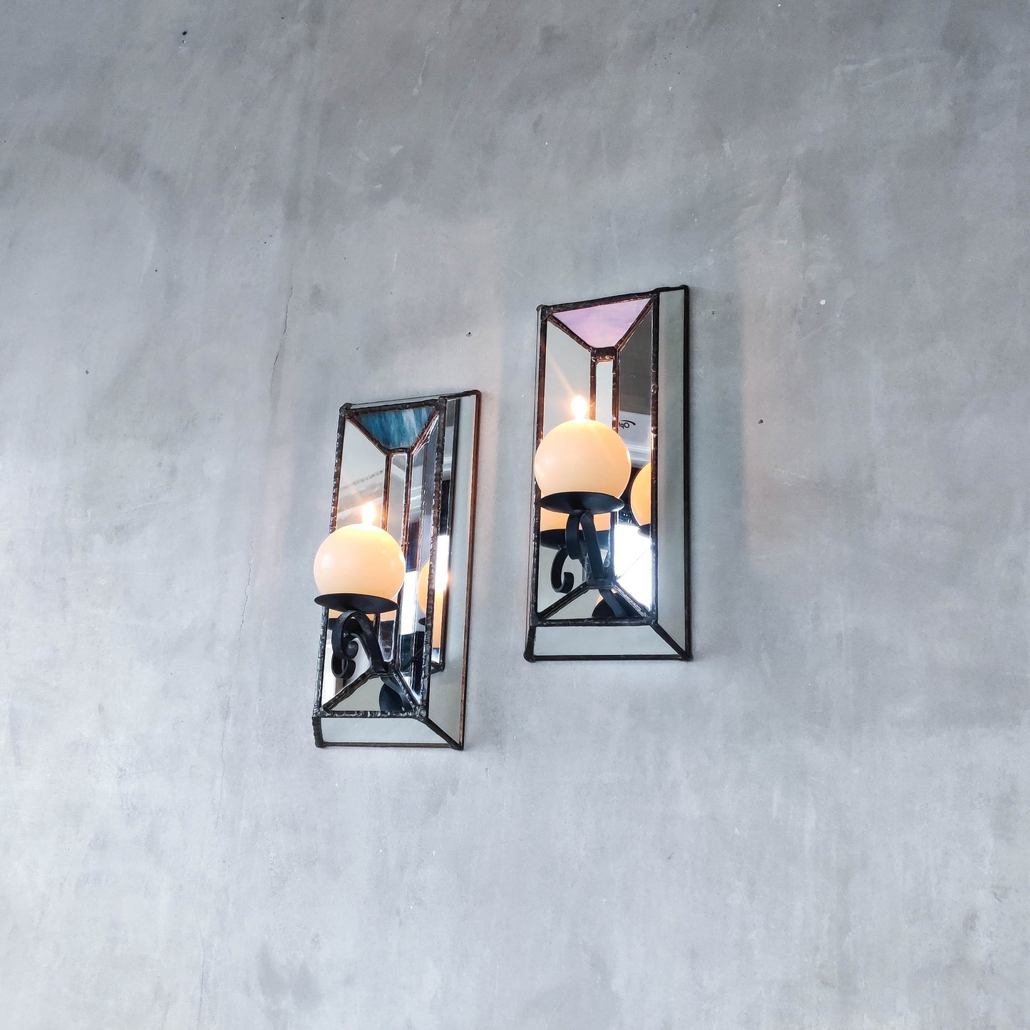 Pair of vintage handmade leaded mirror glass faceted candle holder wall sconces