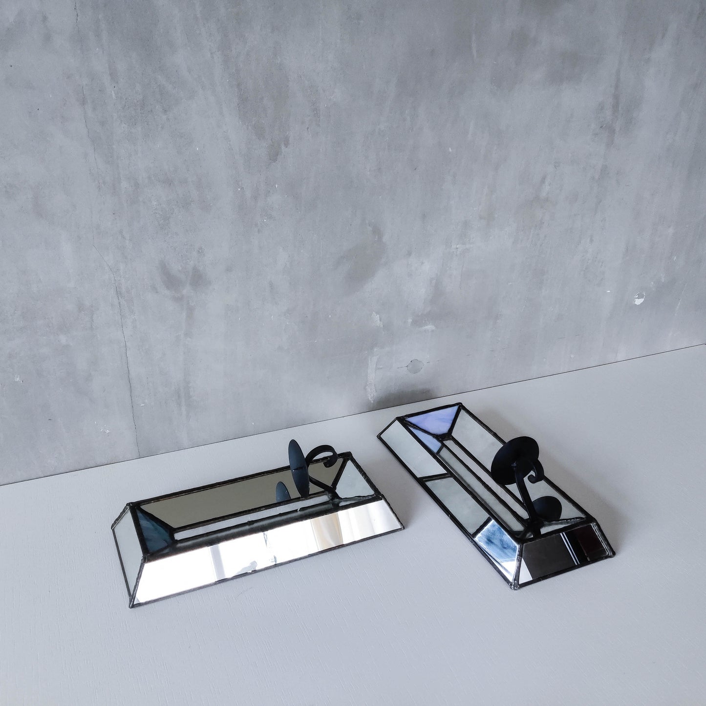 Pair of vintage handmade leaded mirror glass faceted candle holder wall sconces