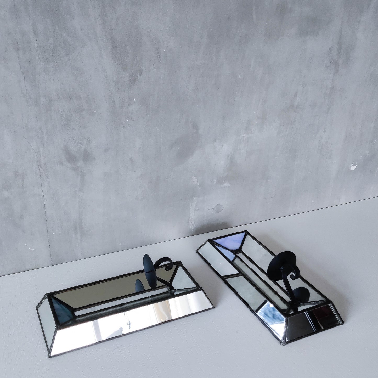 Pair of vintage handmade leaded mirror glass faceted candle holder wall sconces