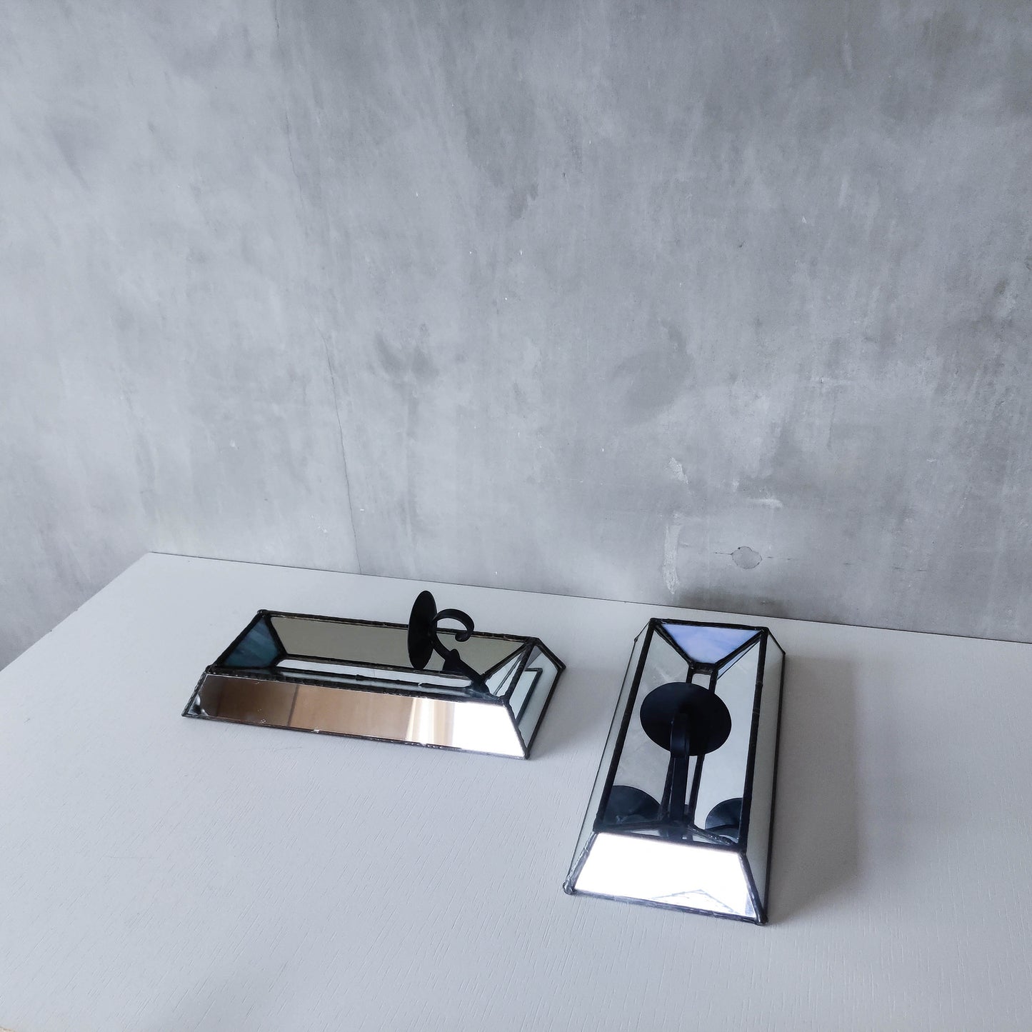 Pair of vintage handmade leaded mirror glass faceted candle holder wall sconces