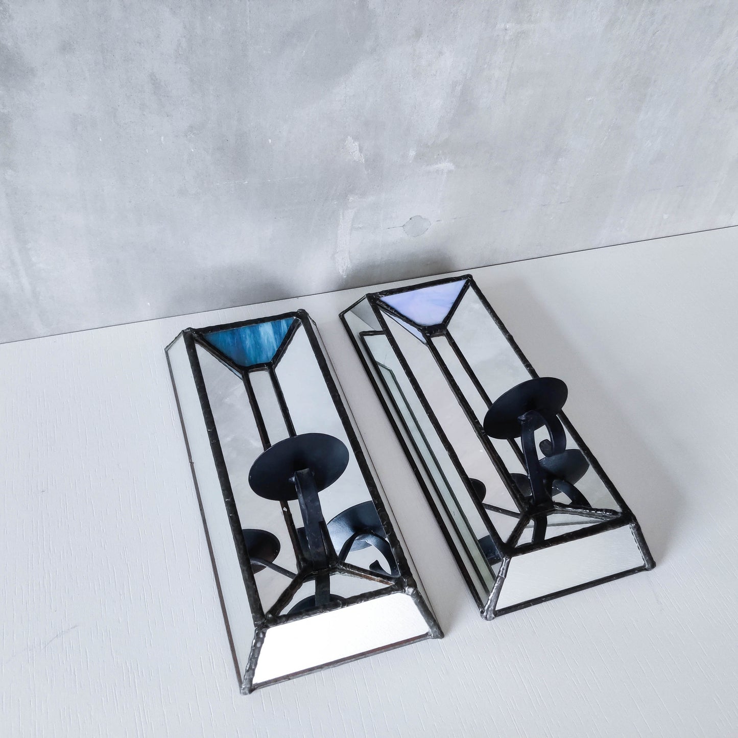 Pair of vintage handmade leaded mirror glass faceted candle holder wall sconces