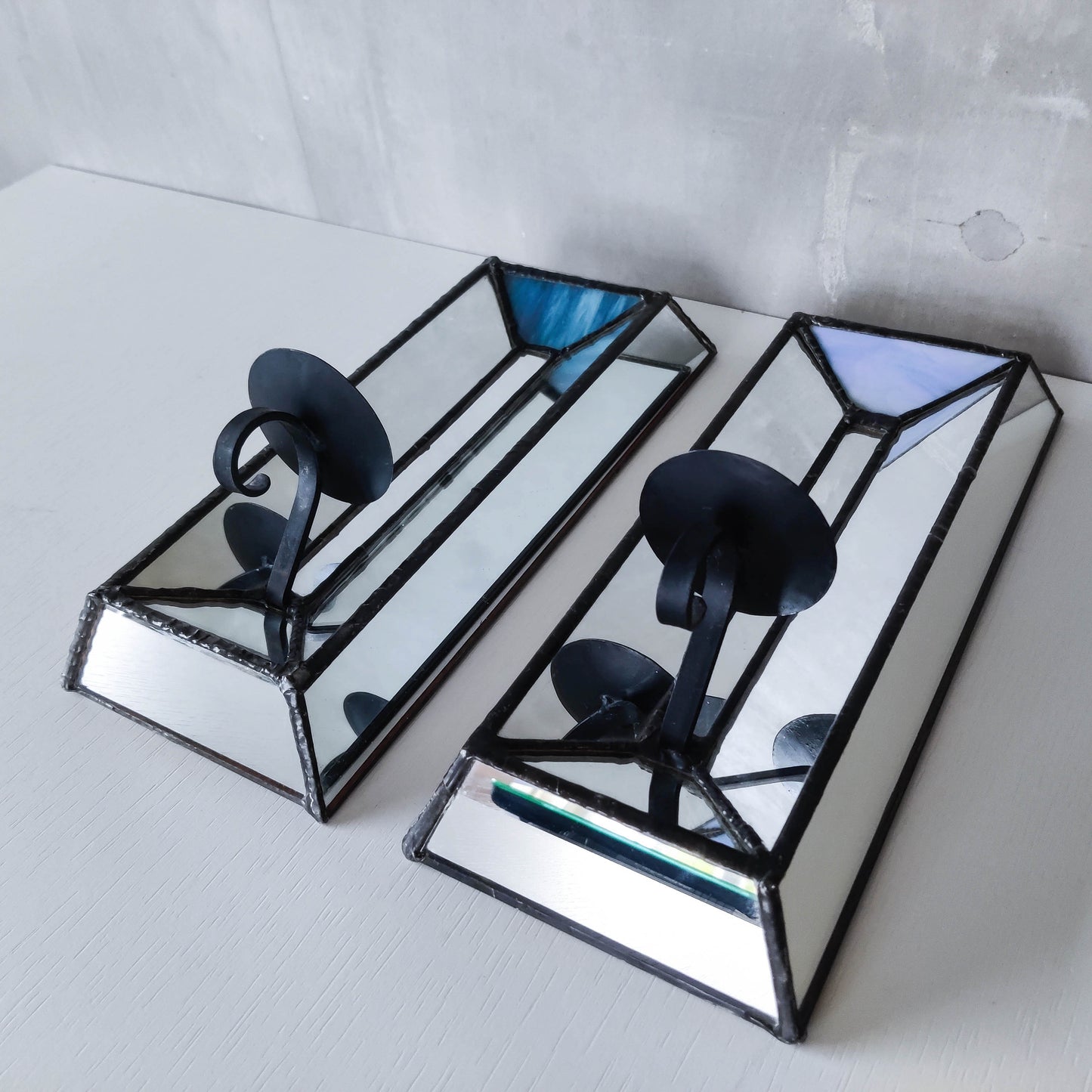 Pair of vintage handmade leaded mirror glass faceted candle holder wall sconces