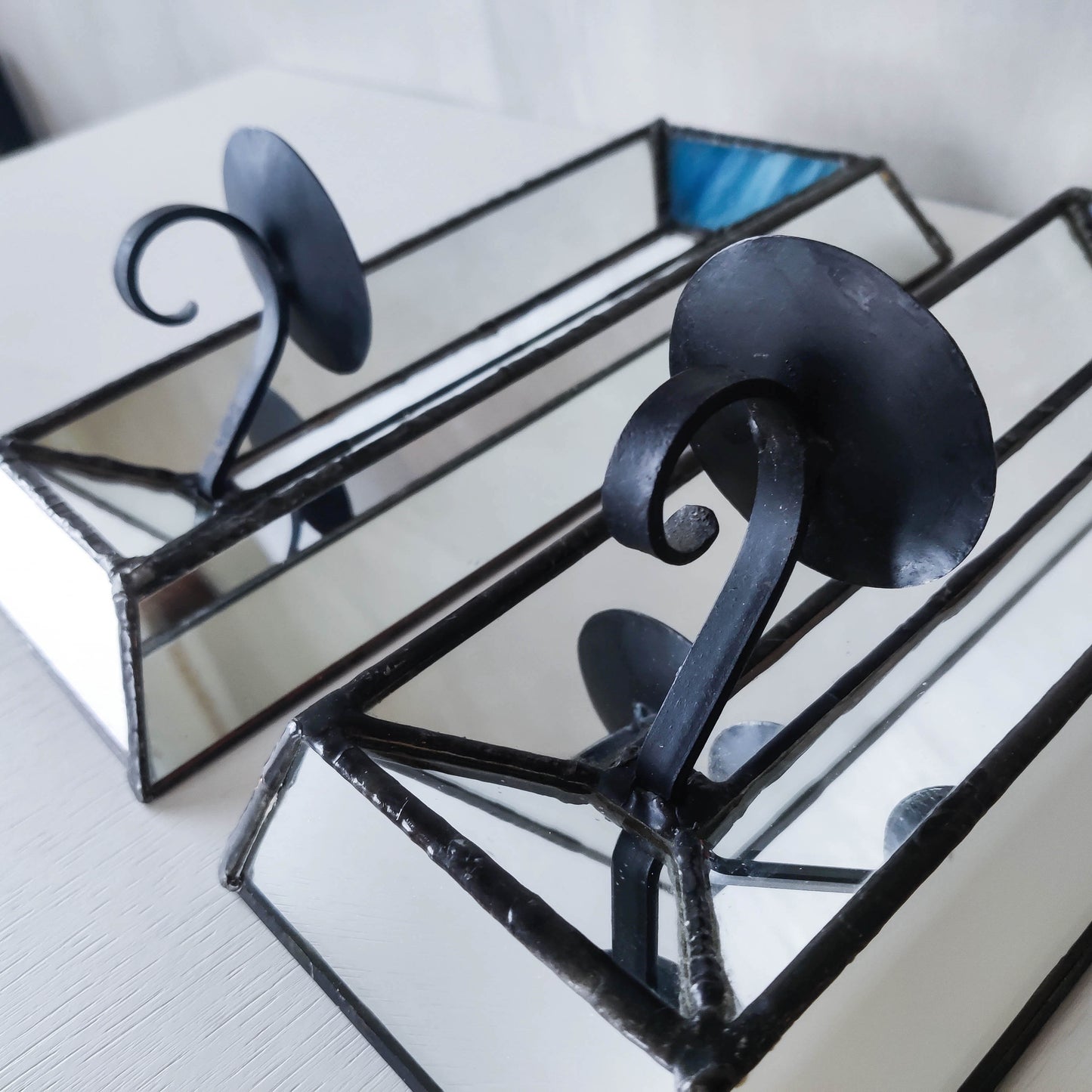 Pair of vintage handmade leaded mirror glass faceted candle holder wall sconces