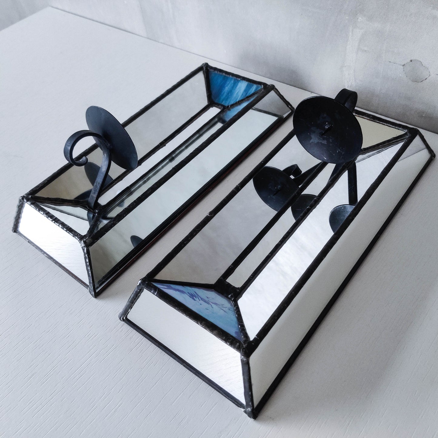 Pair of vintage handmade leaded mirror glass faceted candle holder wall sconces