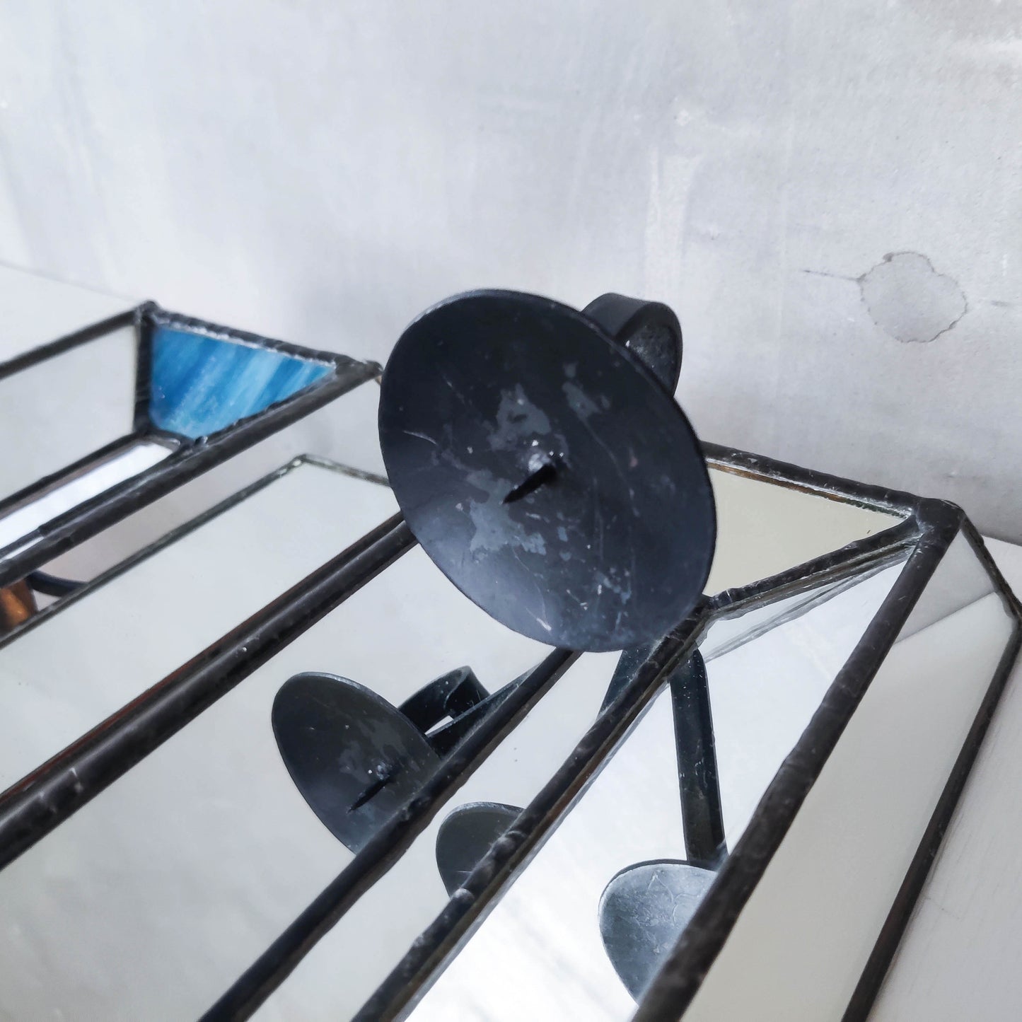 Pair of vintage handmade leaded mirror glass faceted candle holder wall sconces