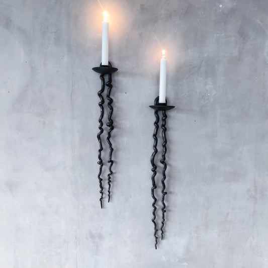 Pair of wrought iron blacksmith made twisted sculptural candle wall sconces