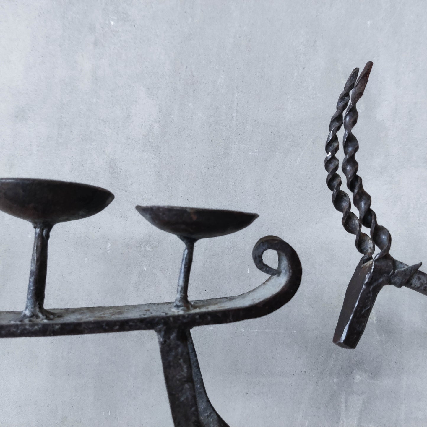 Pair of brutalist vintage wrought iron primitive antelope deer candelabras