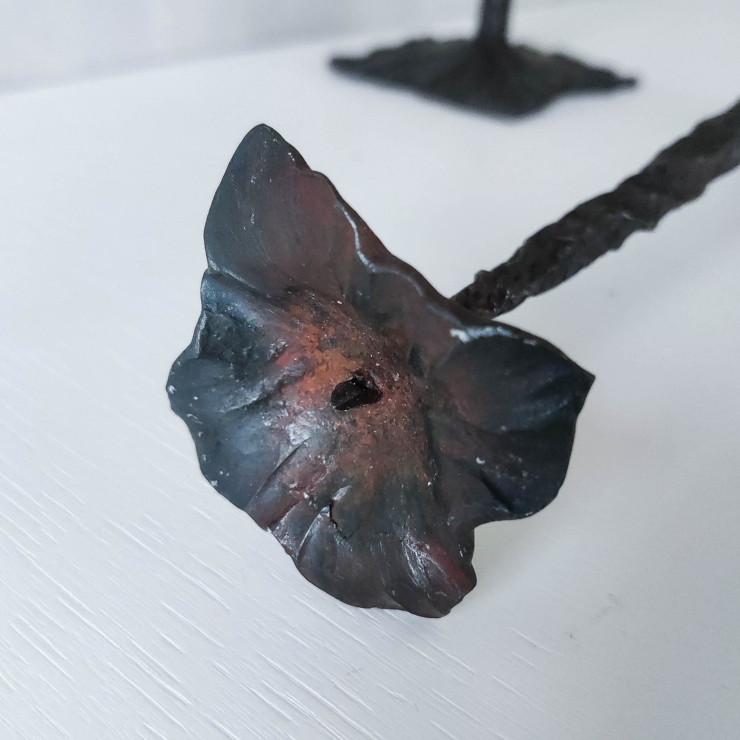 Pair of brutalist style hammered wrought iron blacksmith made pricket top candle holders