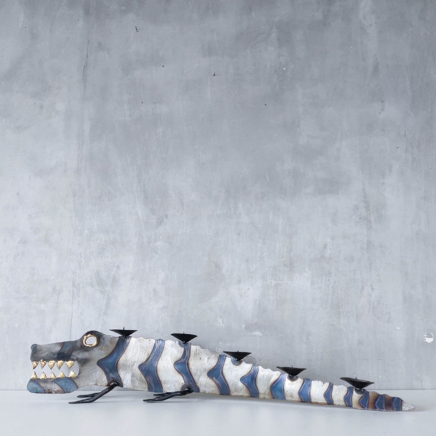 Metalwork torched steel large crocodile whimsical sculptural candelabra