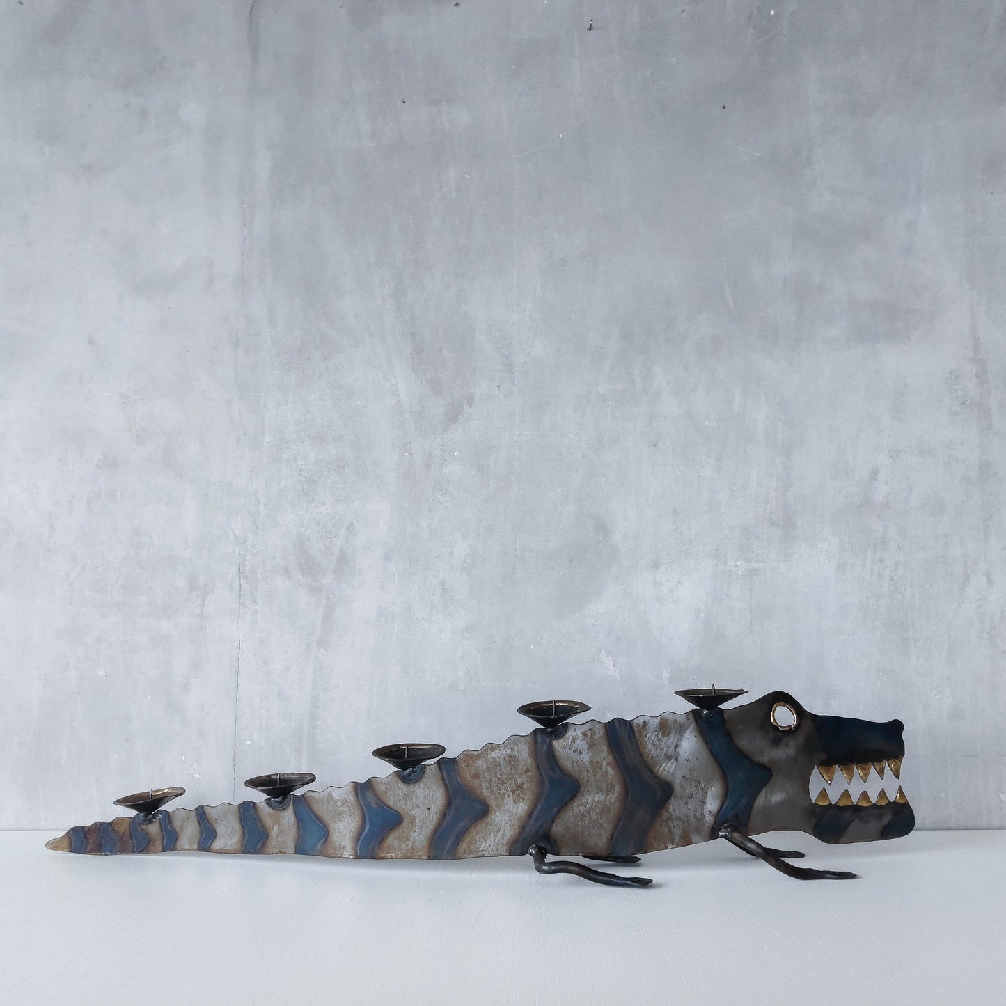 Metalwork torched steel large crocodile whimsical sculptural candelabra