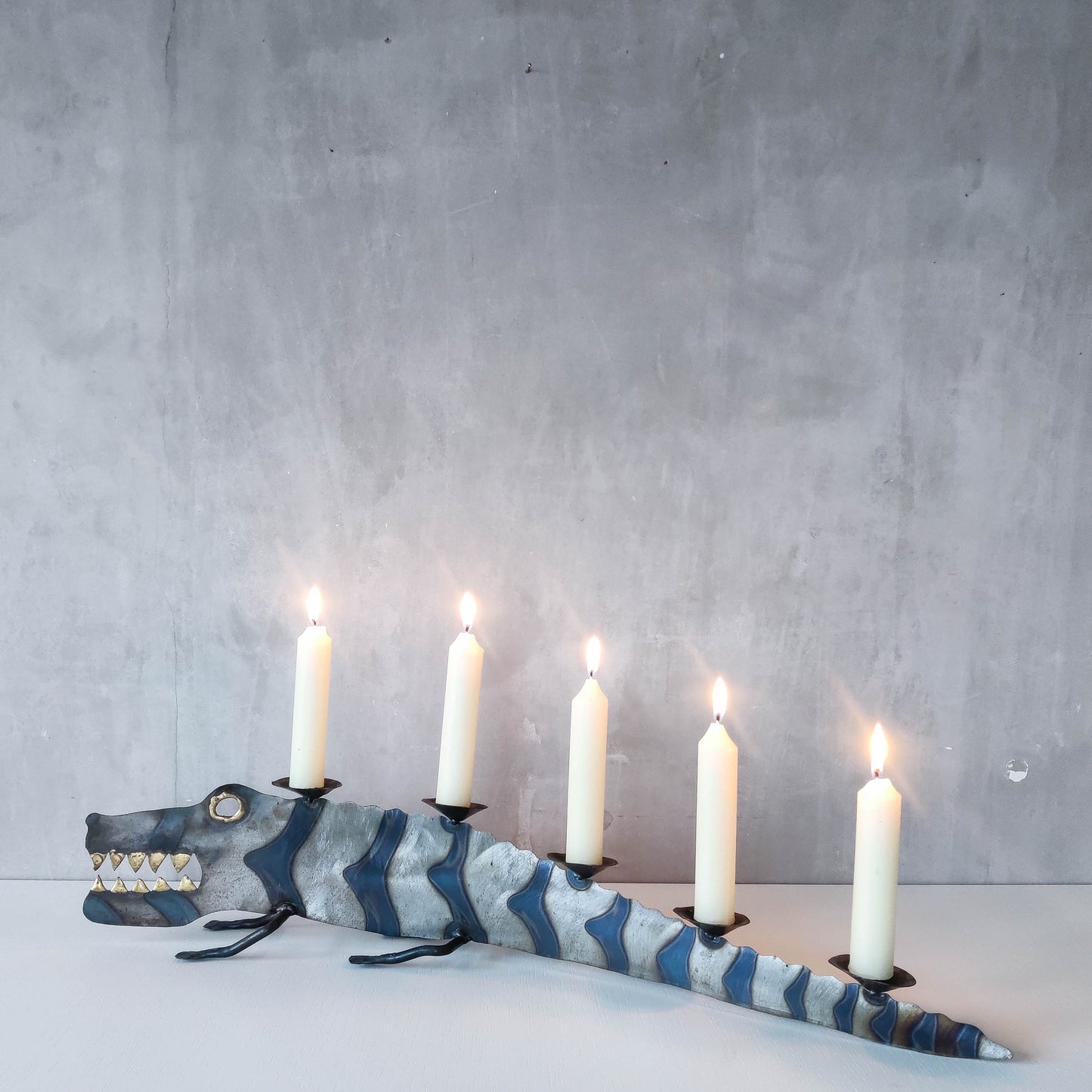 Metalwork torched steel large crocodile whimsical sculptural candelabra