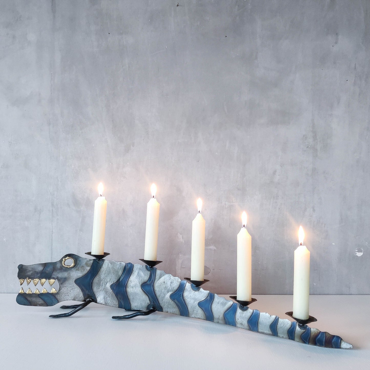 Metalwork torched steel large crocodile whimsical sculptural candelabra