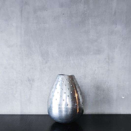 Large vintage 1990s silver pressed metal hobnail studded dimple vase Leon Fontier style