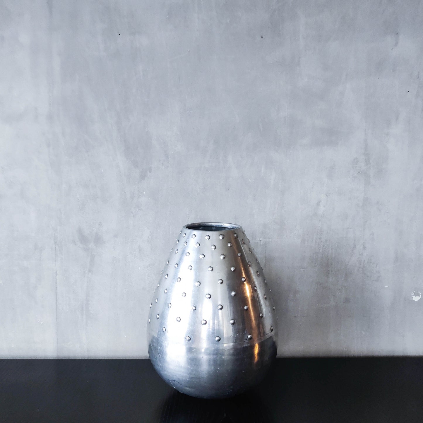 Large vintage 1990s silver pressed metal hobnail studded dimple vase Leon Fontier style