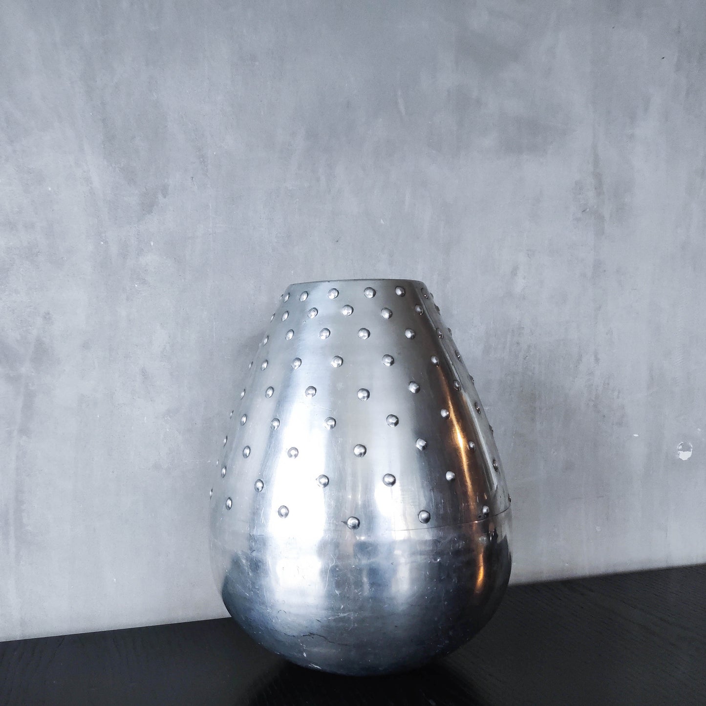 Large vintage 1990s silver pressed metal hobnail studded dimple vase Leon Fontier style