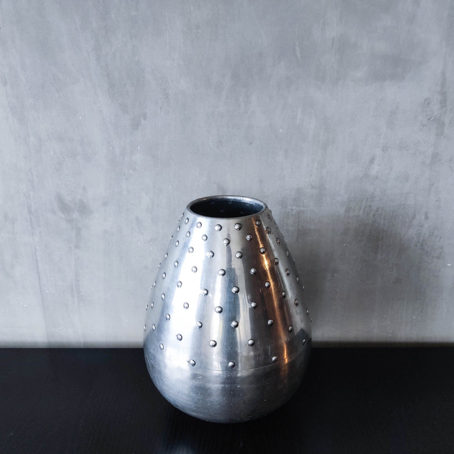 Large vintage 1990s silver pressed metal hobnail studded dimple vase Leon Fontier style