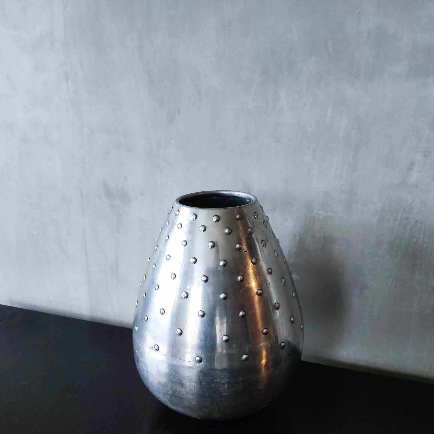 Large vintage 1990s silver pressed metal hobnail studded dimple vase Leon Fontier style