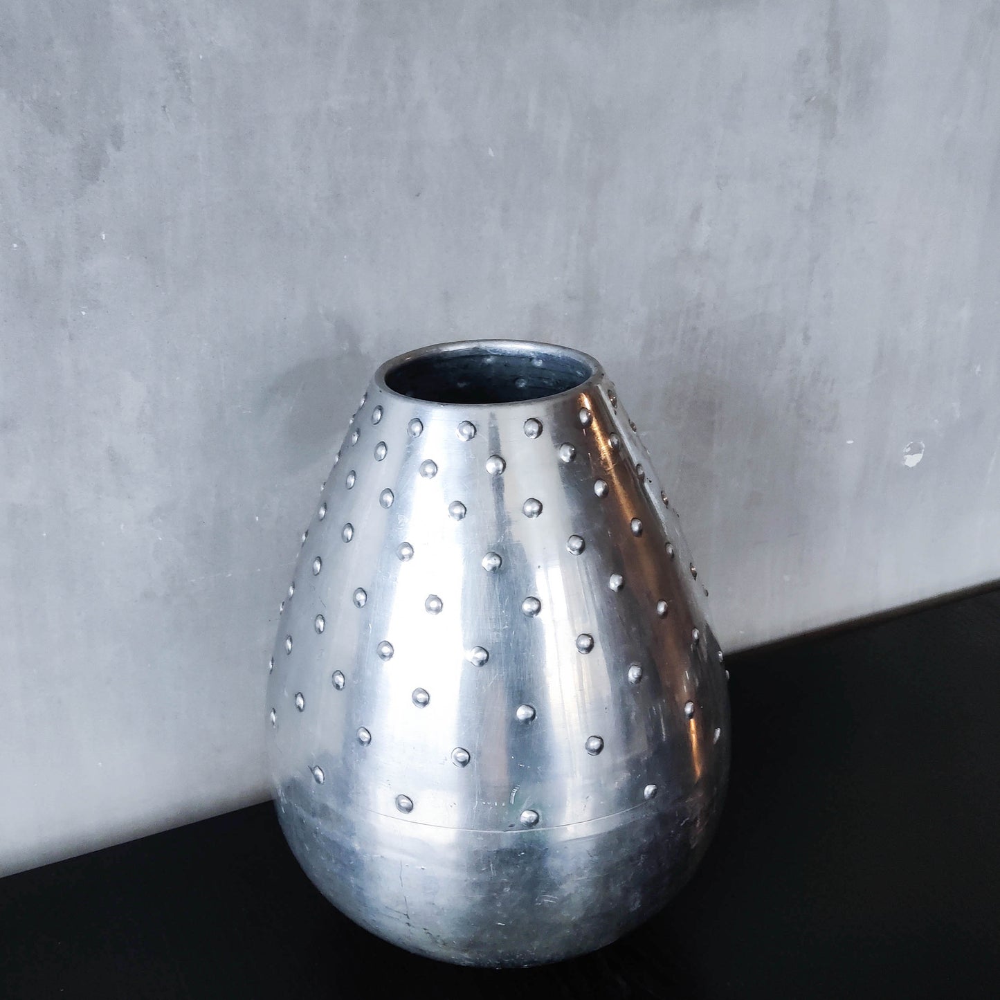 Large vintage 1990s silver pressed metal hobnail studded dimple vase Leon Fontier style