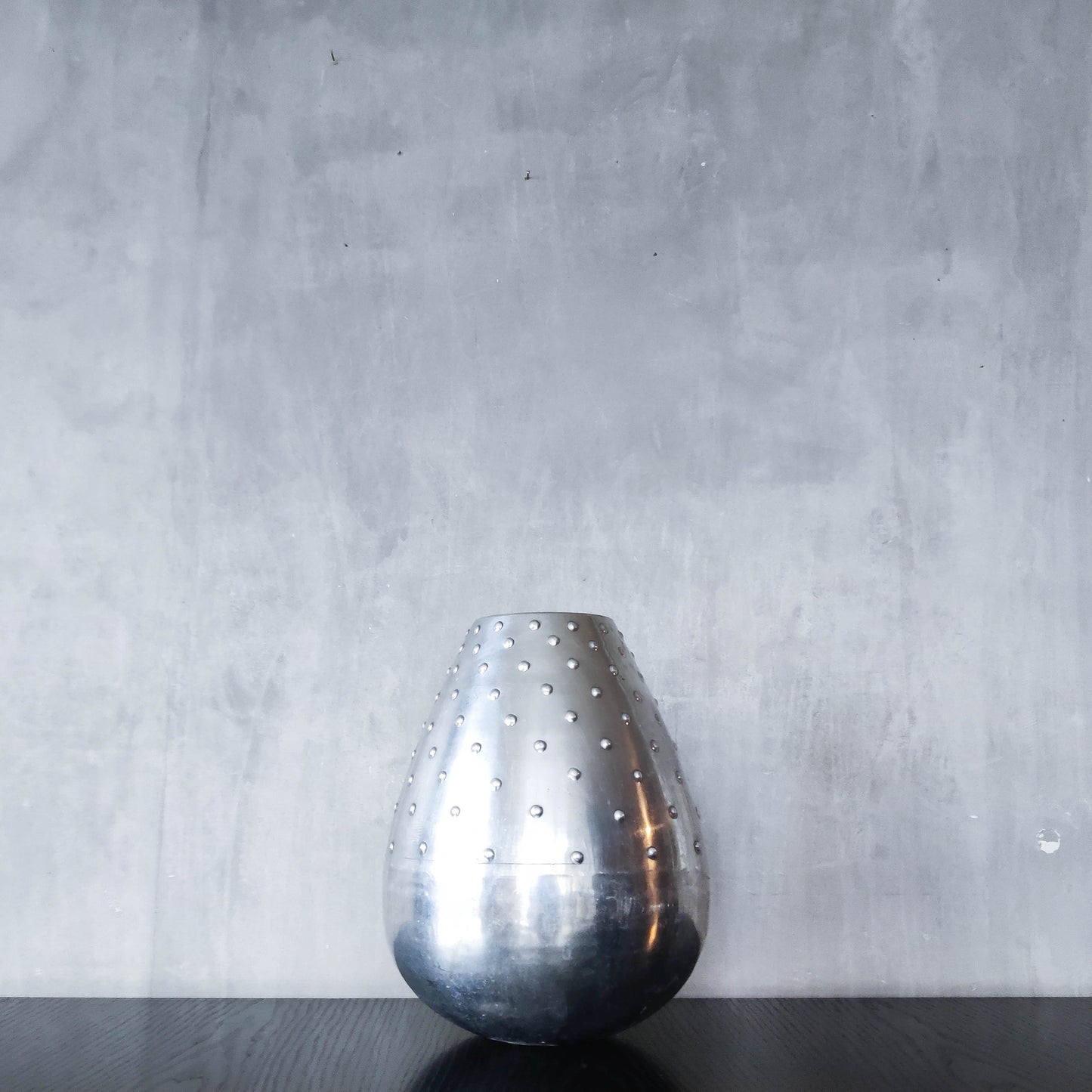 Large vintage 1990s silver pressed metal hobnail studded dimple vase Leon Fontier style