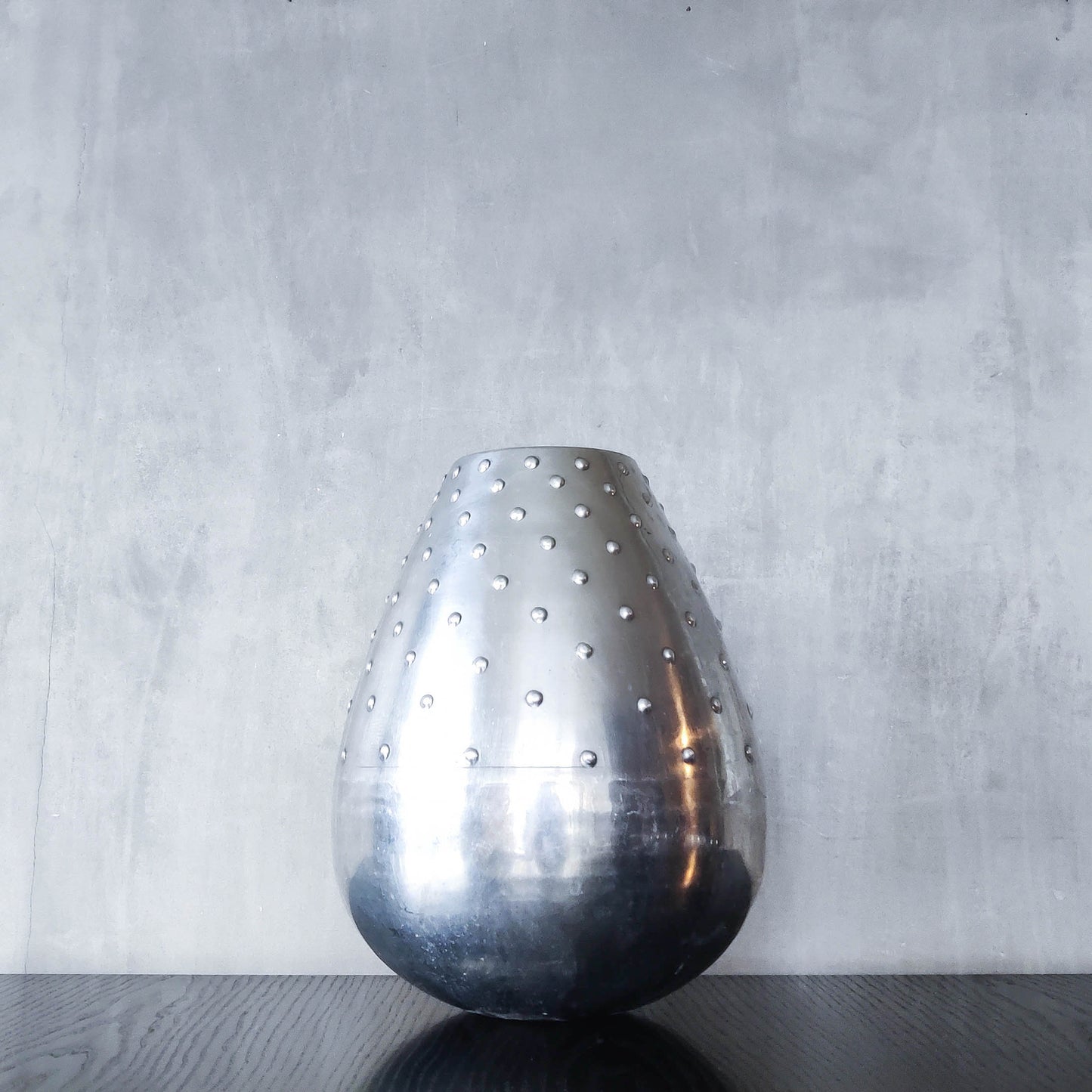 Large vintage 1990s silver pressed metal hobnail studded dimple vase Leon Fontier style