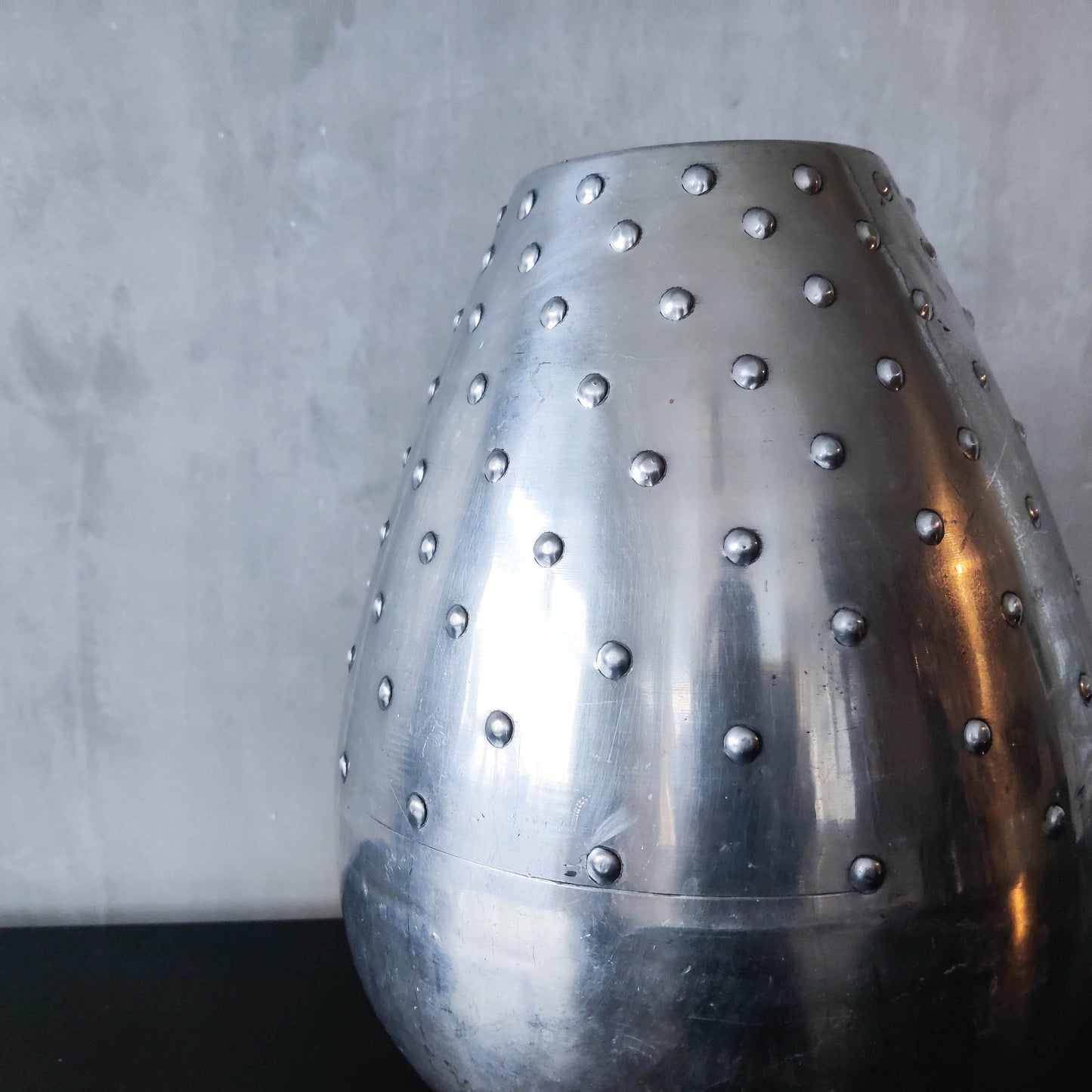 Large vintage 1990s silver pressed metal hobnail studded dimple vase Leon Fontier style