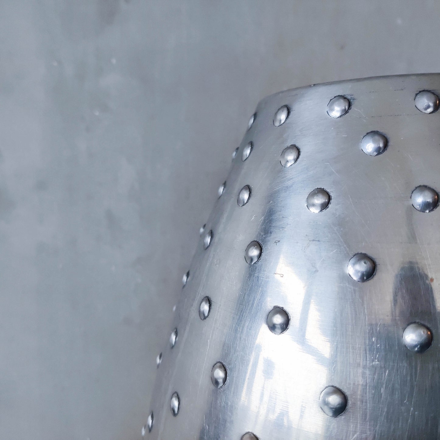 Large vintage 1990s silver pressed metal hobnail studded dimple vase Leon Fontier style