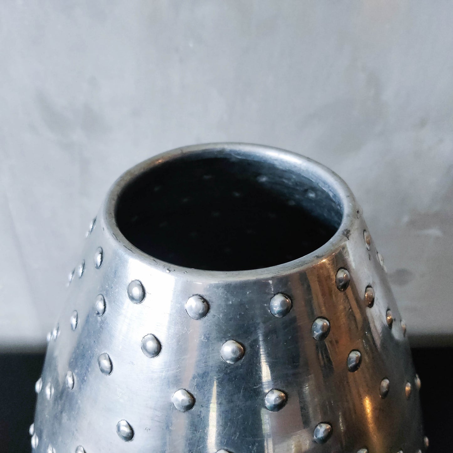 Large vintage 1990s silver pressed metal hobnail studded dimple vase Leon Fontier style