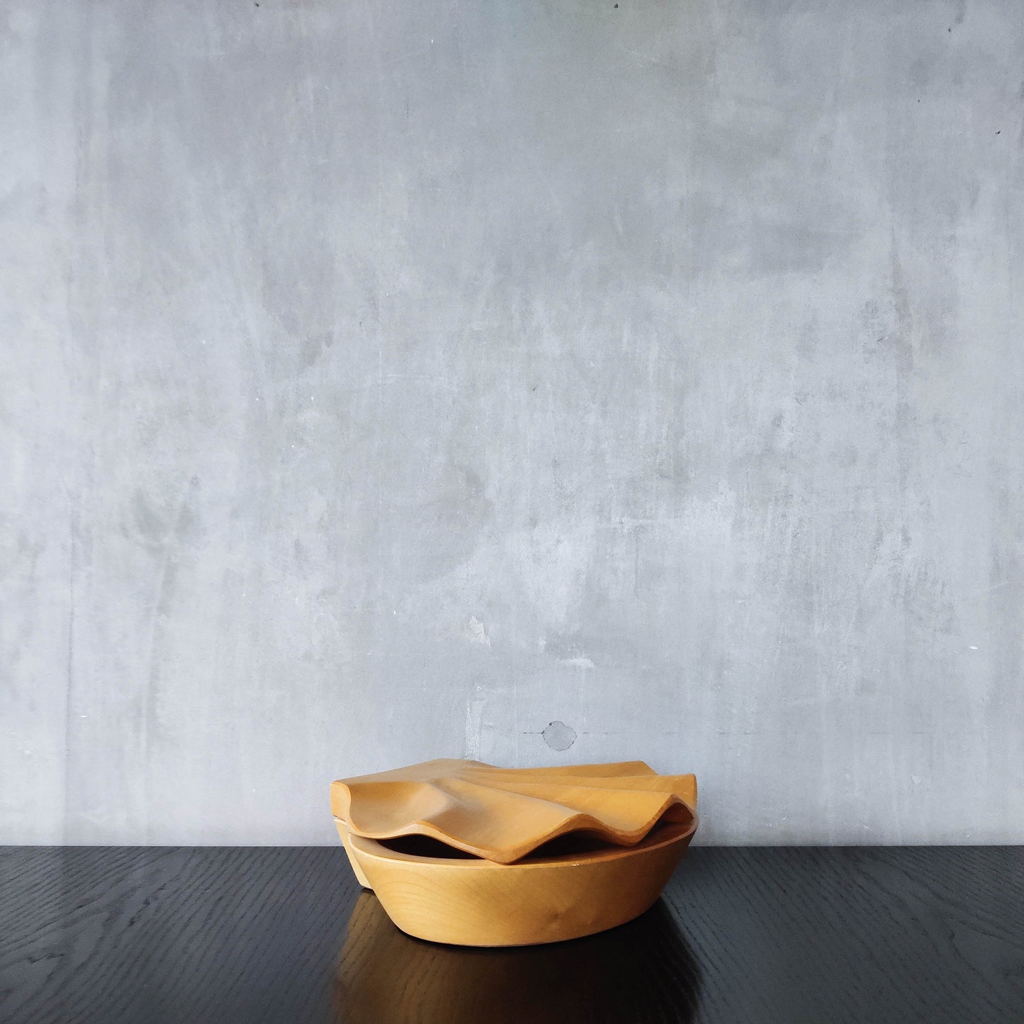 Sculptural hand carved beech wood scallop shell trinket box