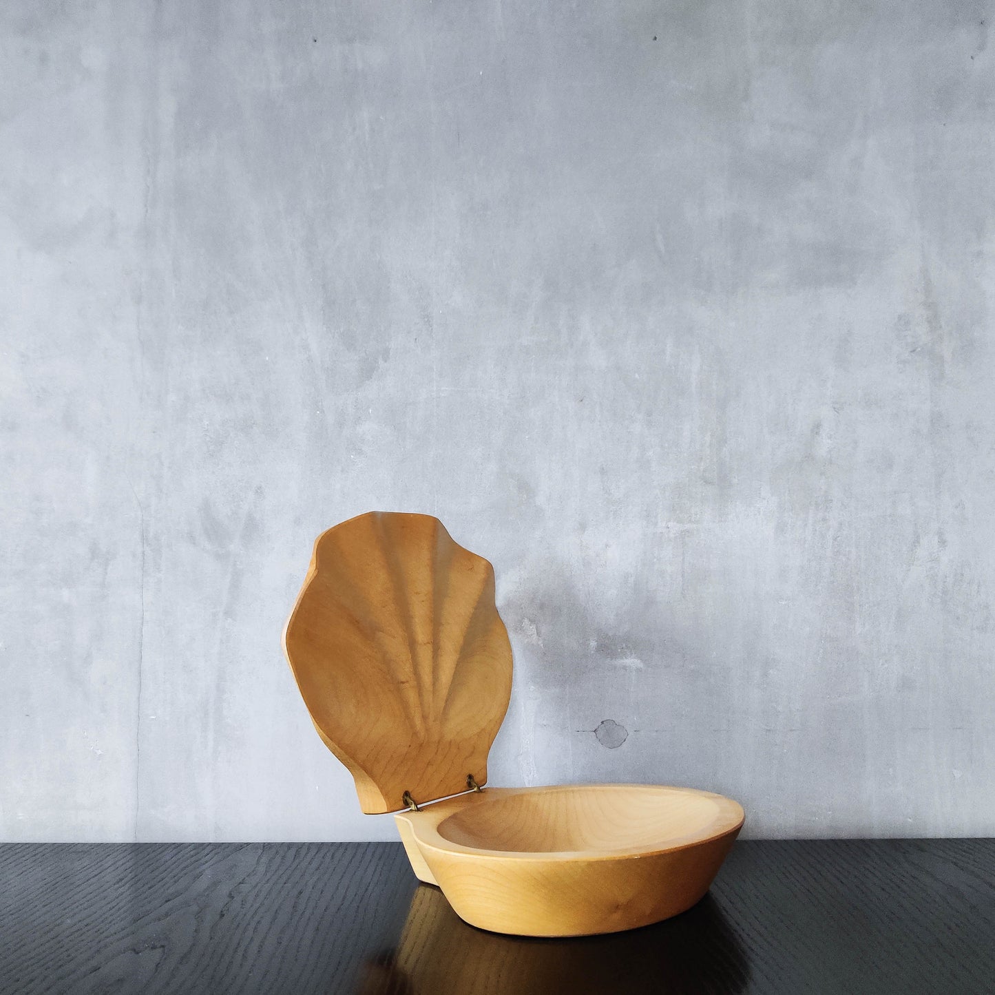 Sculptural hand carved beech wood scallop shell trinket box